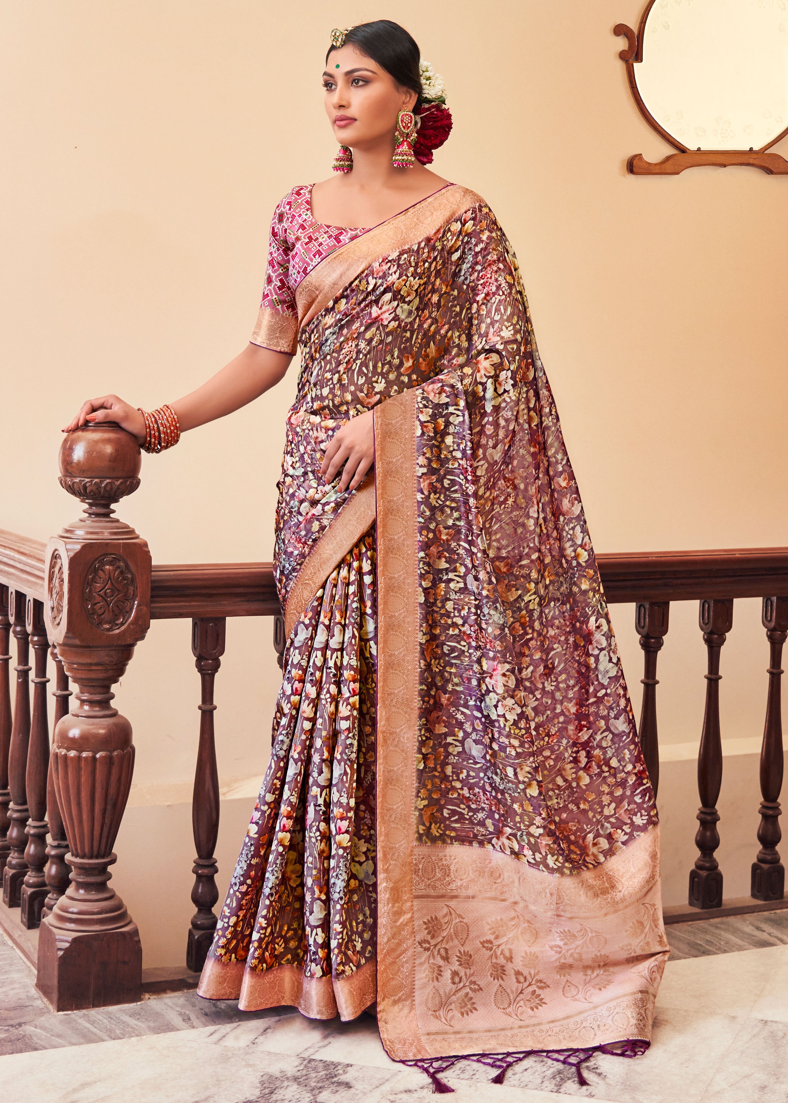 DIGITAL FLORAL PRINTED SEQUINS WEAVING ORGANZA BLEND PURPLE  SAREE WITH PATOLA BLOUSE