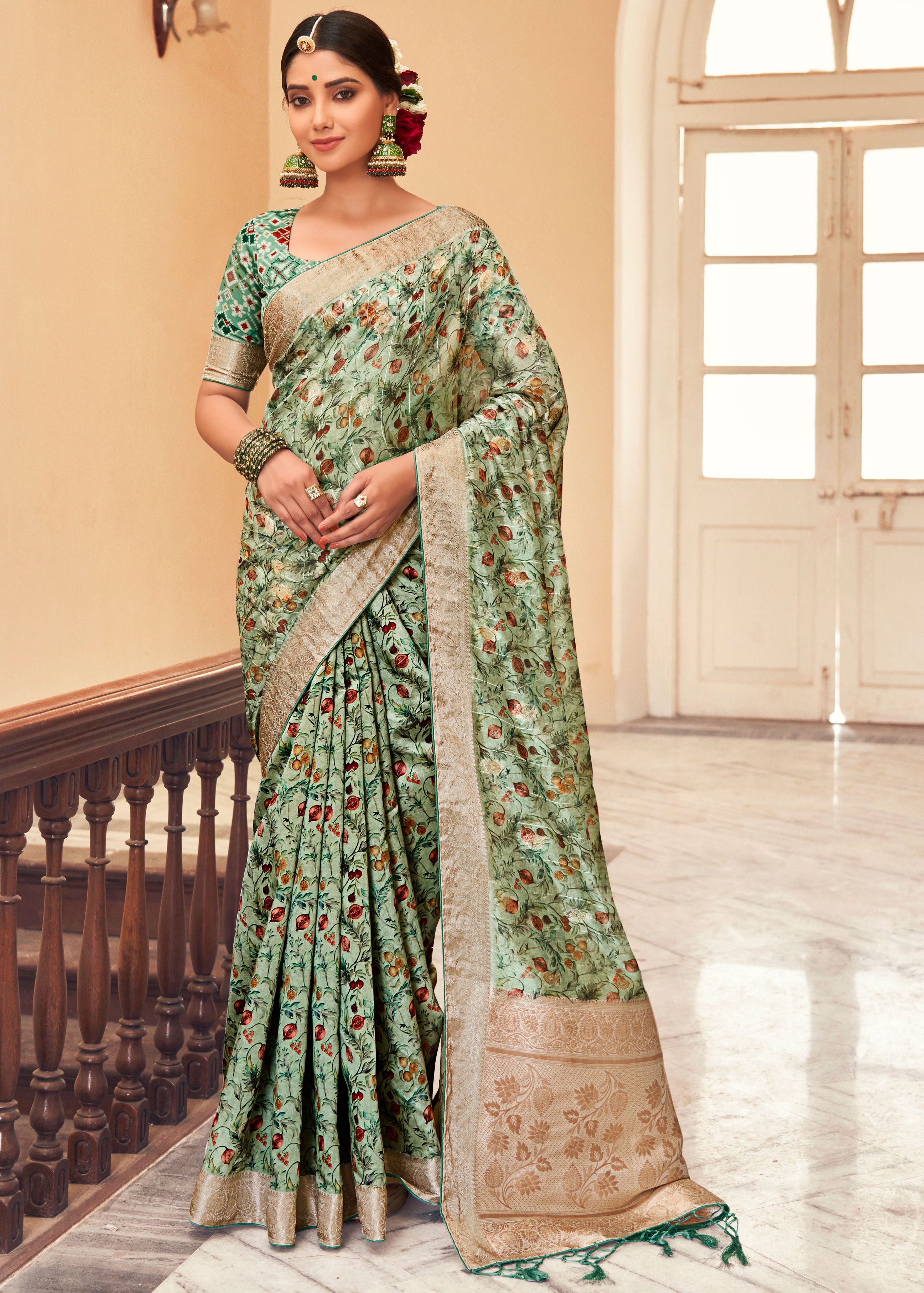 DIGITAL FLORAL PRINTED SEQUINS WEAVING ORGANZA BLEND LIGHT GREEN SAREE WITH PATOLA BLOUSE