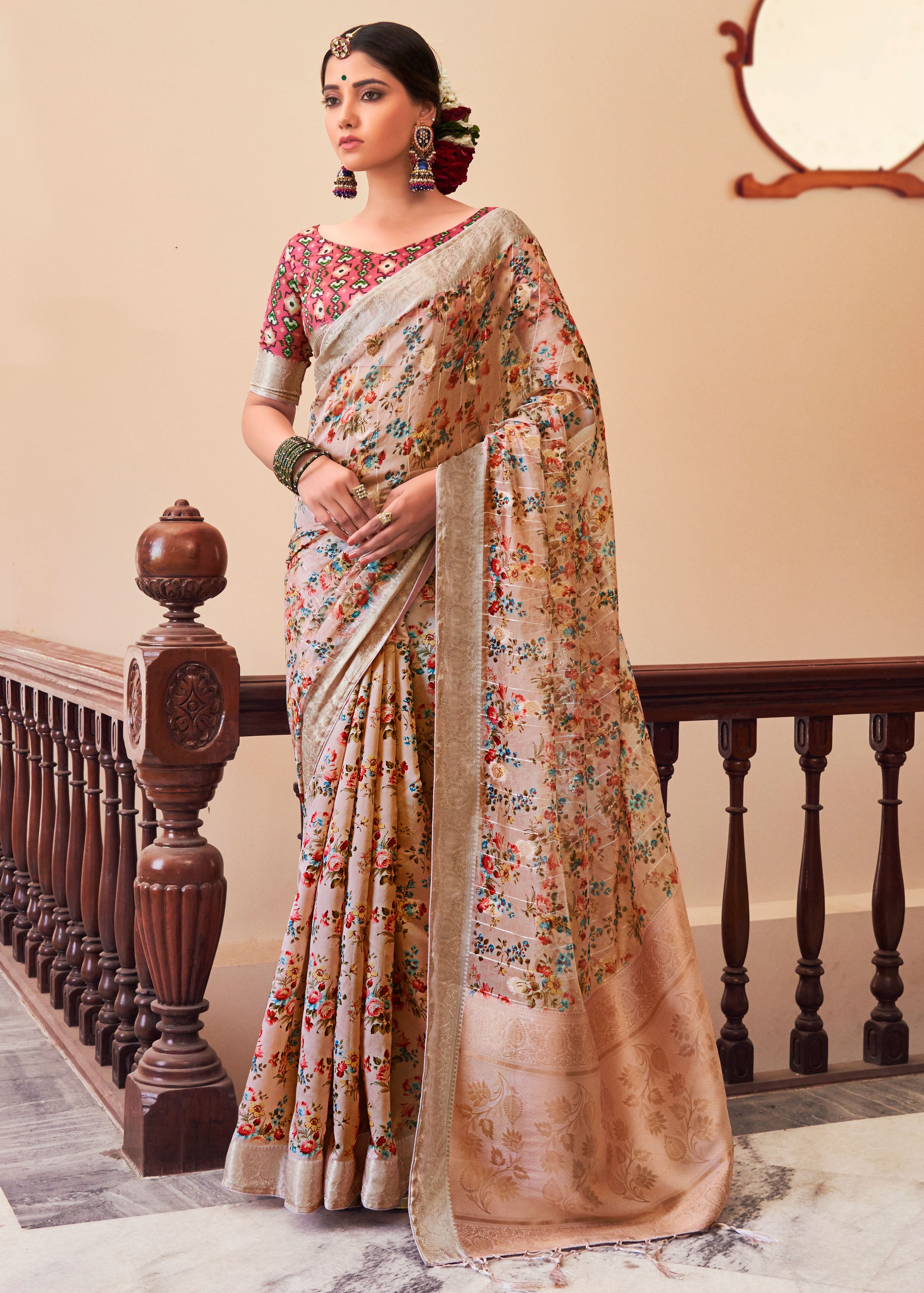 DIGITAL FLORAL PRINTED SEQUINS WEAVING ORGANZA BLEND PEACH WHITE SAREE WITH PATOLA BLOUSE