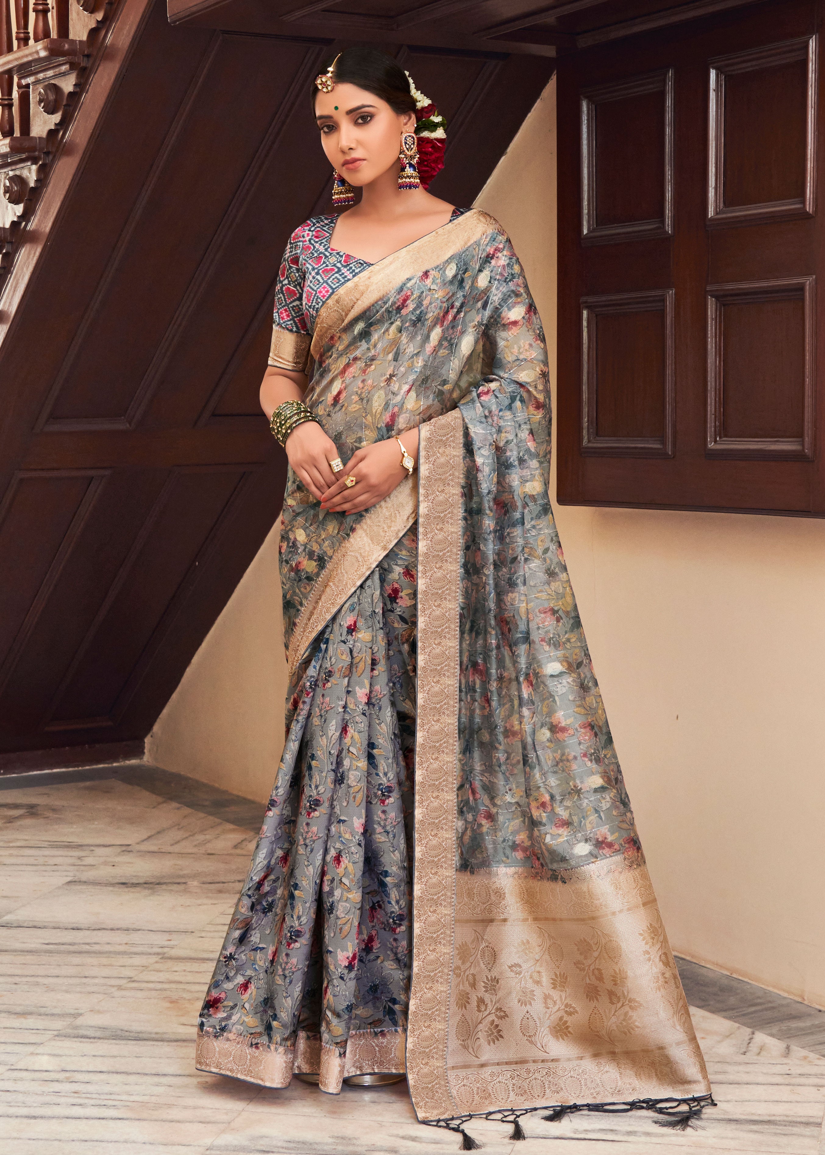 DIGITAL FLORAL PRINTED SEQUINS WEAVING ORGANZA BLEND SILVERY GREY  SAREE WITH PATOLA BLOUSE
