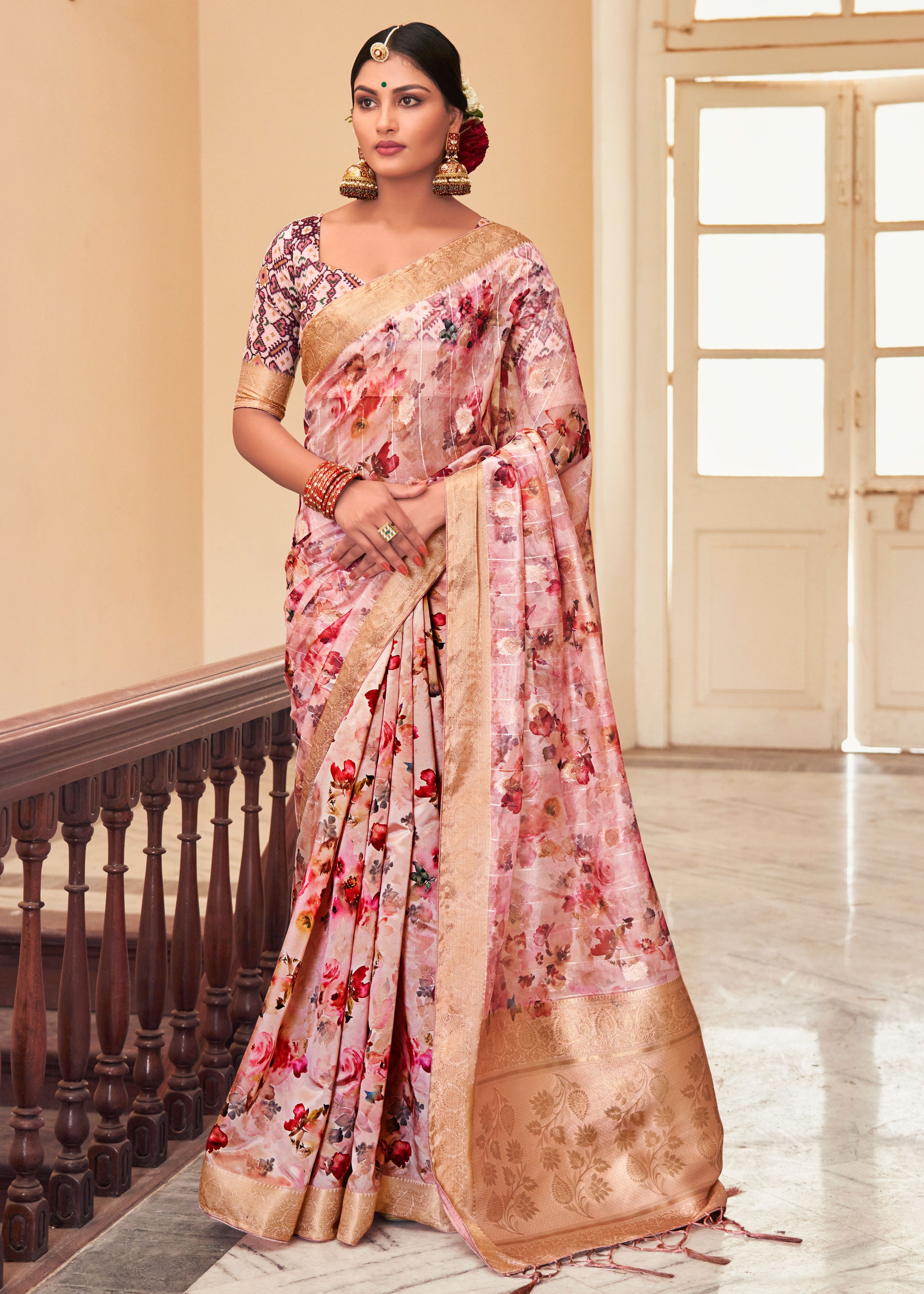 DIGITAL FLORAL PRINTED SEQUINS WEAVING ORGANZA BLEND PINK PURPLE SAREE WITH PATOLA BLOUSE