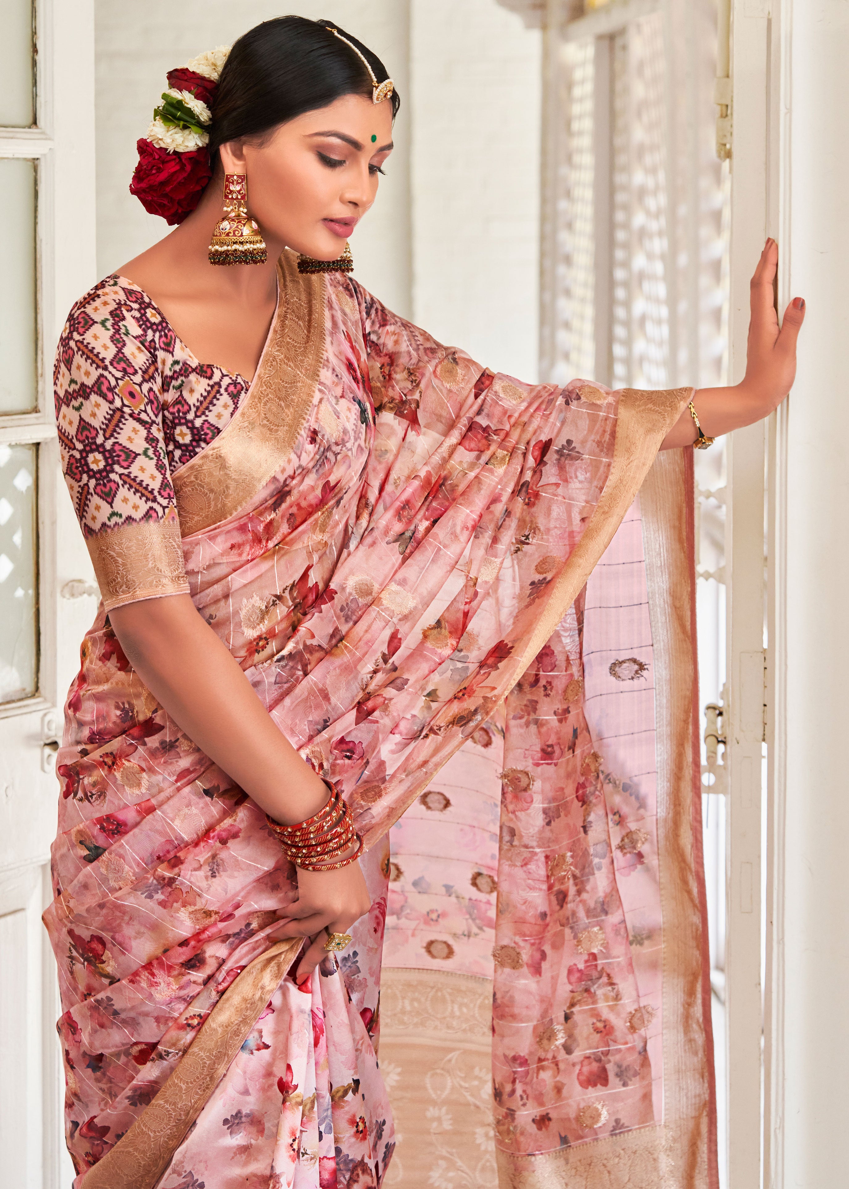 DIGITAL FLORAL PRINTED SEQUINS WEAVING ORGANZA BLEND PINK PURPLE SAREE WITH PATOLA BLOUSE