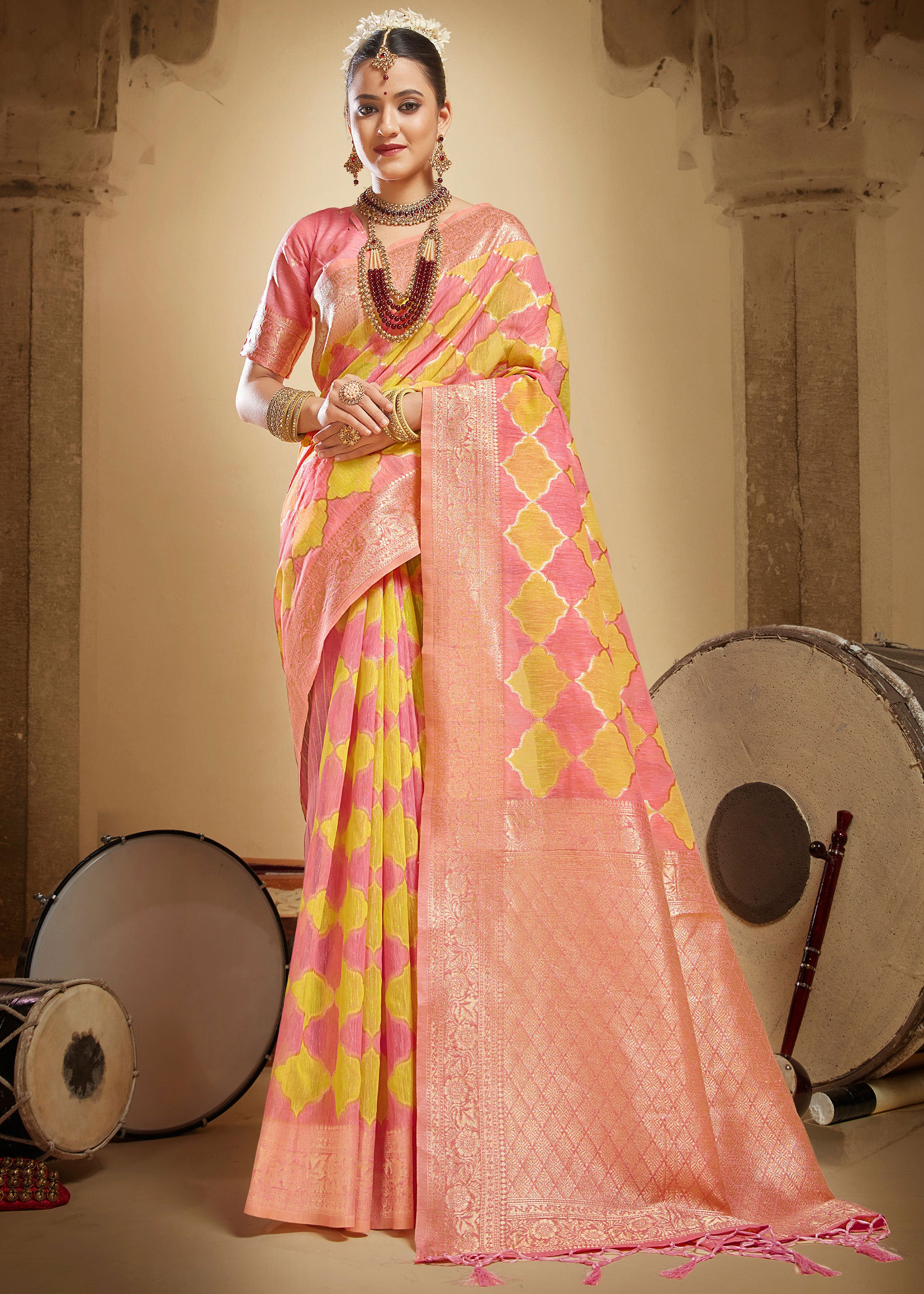 Geometric Woven Yellow Pink Rangkart Silk Saree