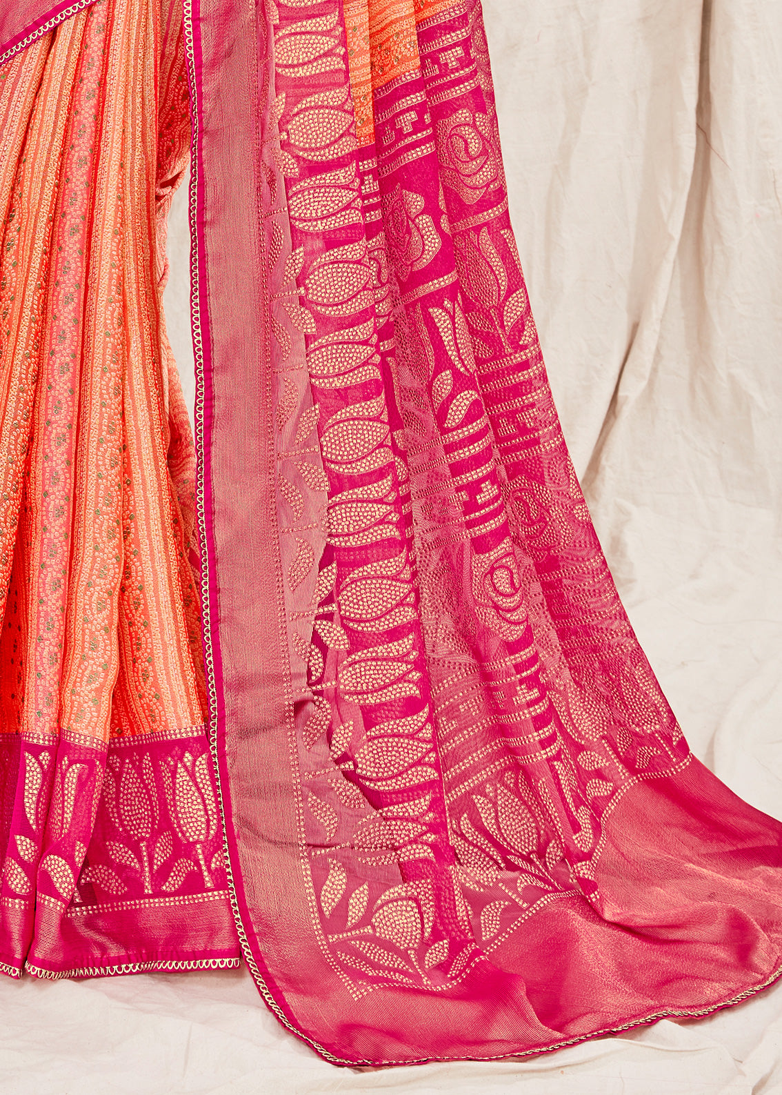 Bandhani Bandhej Printed Orange Pink Soft Marble Chiffon Saree