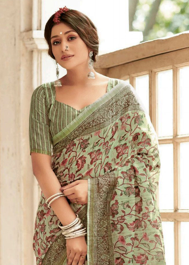 Ajrakh Kalamkari Prints Light Green Pure Chanderi Linen Saree