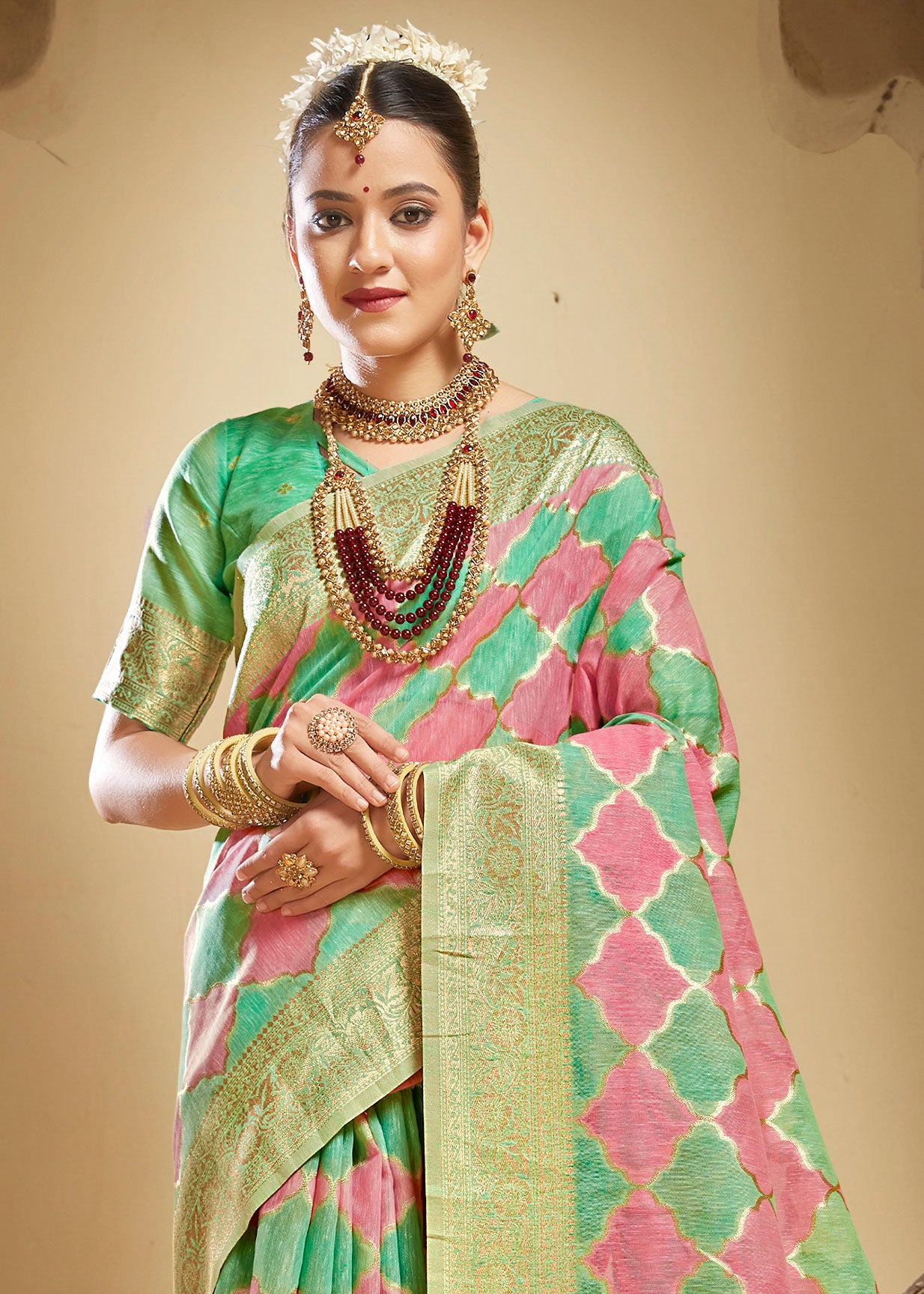 Geometric Woven Green Purple Rangkart Silk Saree
