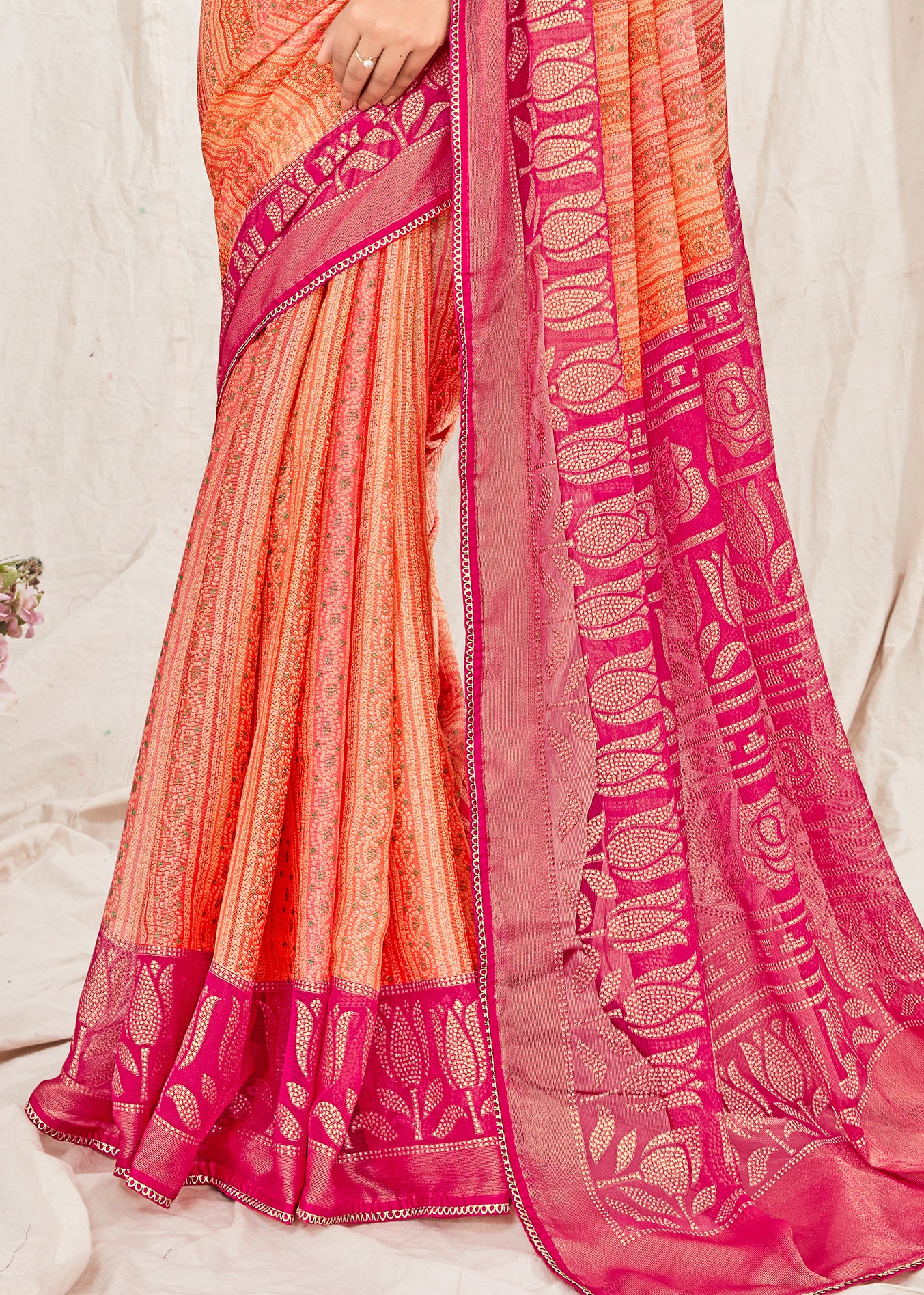 Bandhani Bandhej Printed Orange Pink Soft Marble Chiffon Saree