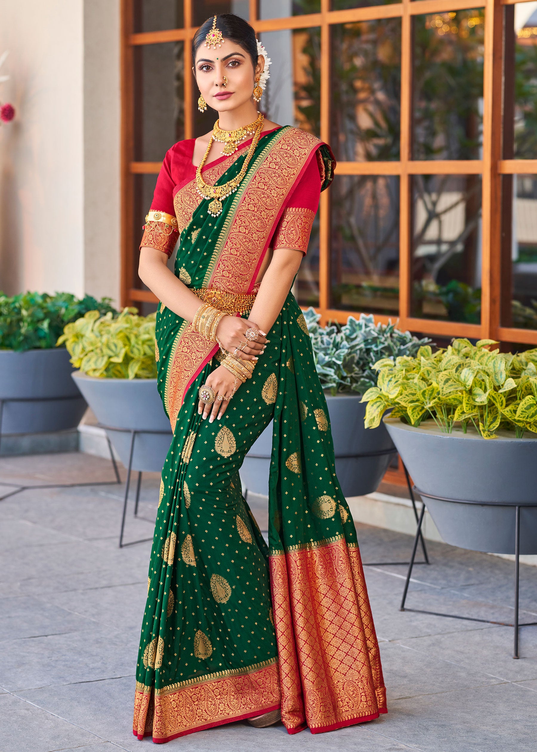 Banarasi Silk Orange Saree with Green Blouse » BRITHIKA Luxury Fashion