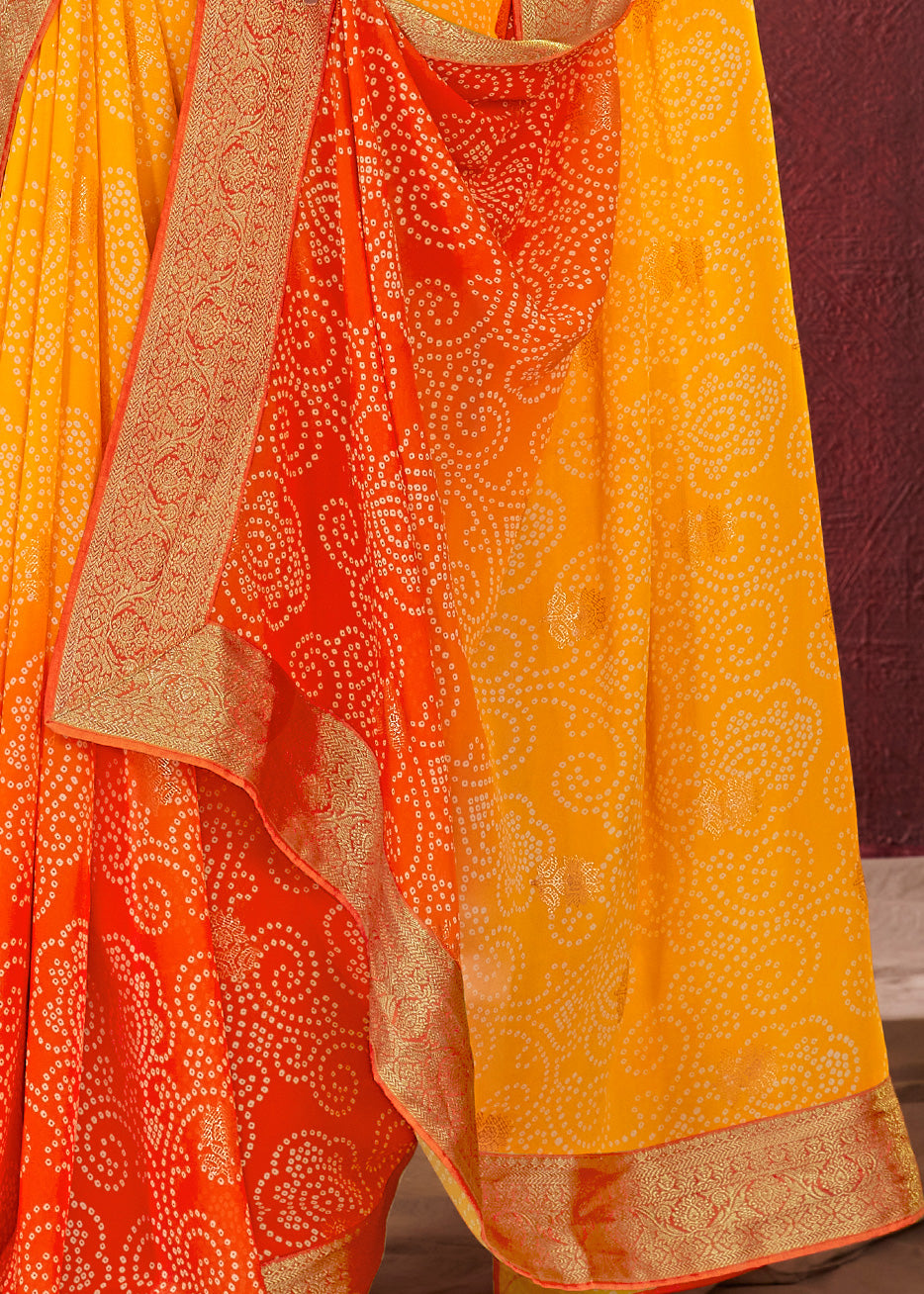 Dual Shades Bandhani Printed Orange Yellow Weightless Georgette Saree With Embroidery Lace