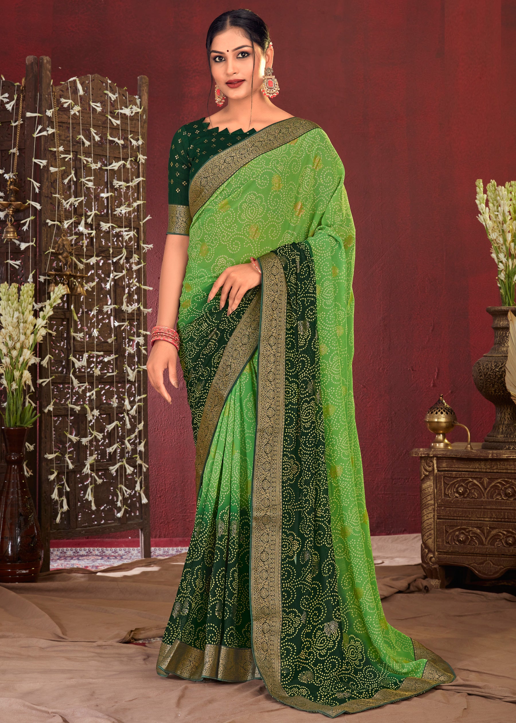 Dual Shades Bandhani Printed Dark Green Weightless Georgette Saree With Embroidery Lace