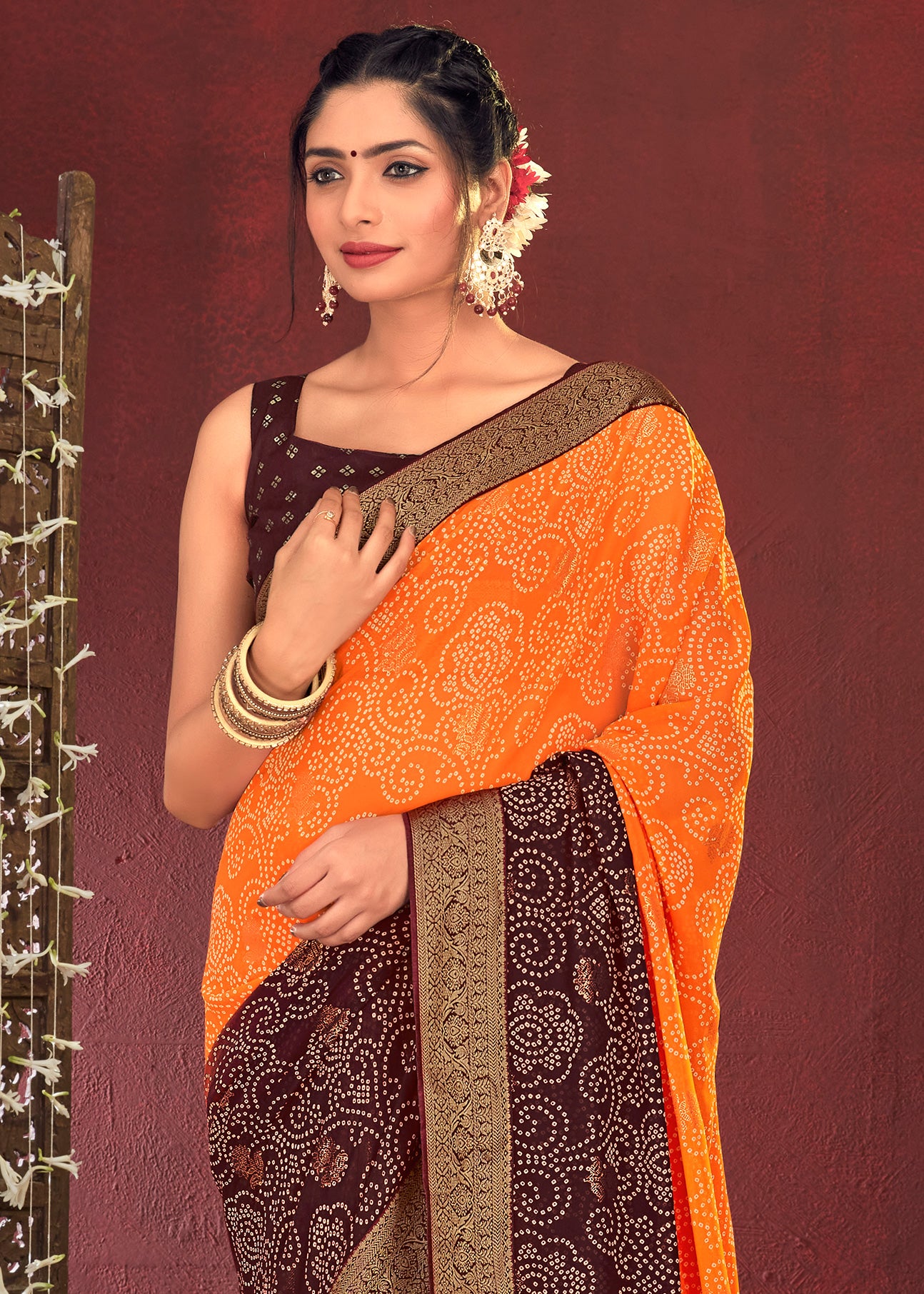 Dual Shades Bandhani Printed Maroon Orange Weightless Georgette Saree With Embroidery Lace