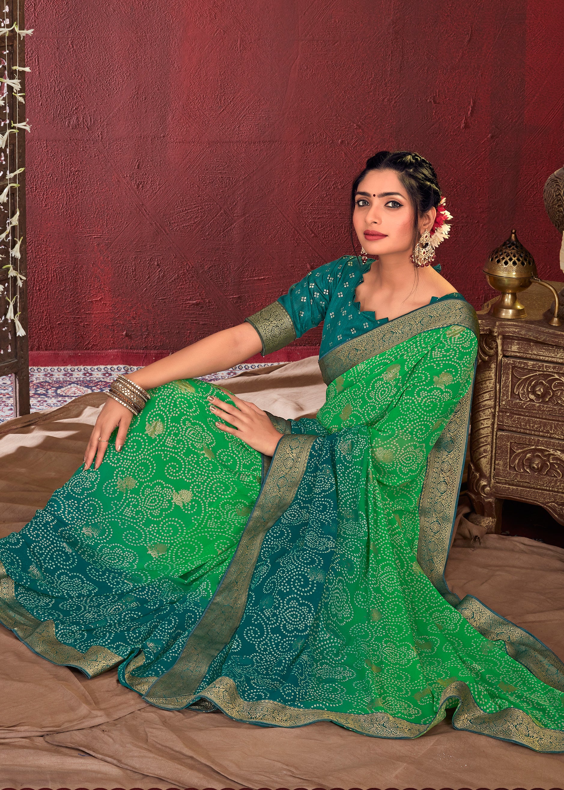 Dual Shades Bandhani Printed Dark Green Sea Green Weightless Georgette Saree With Embroidery Lace