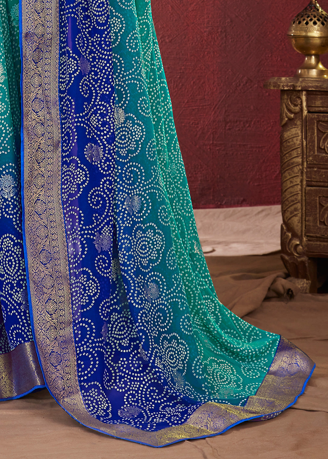 Dual Shades Bandhani Printed Royal Blue Weightless Georgette Saree With Embroidery Lace