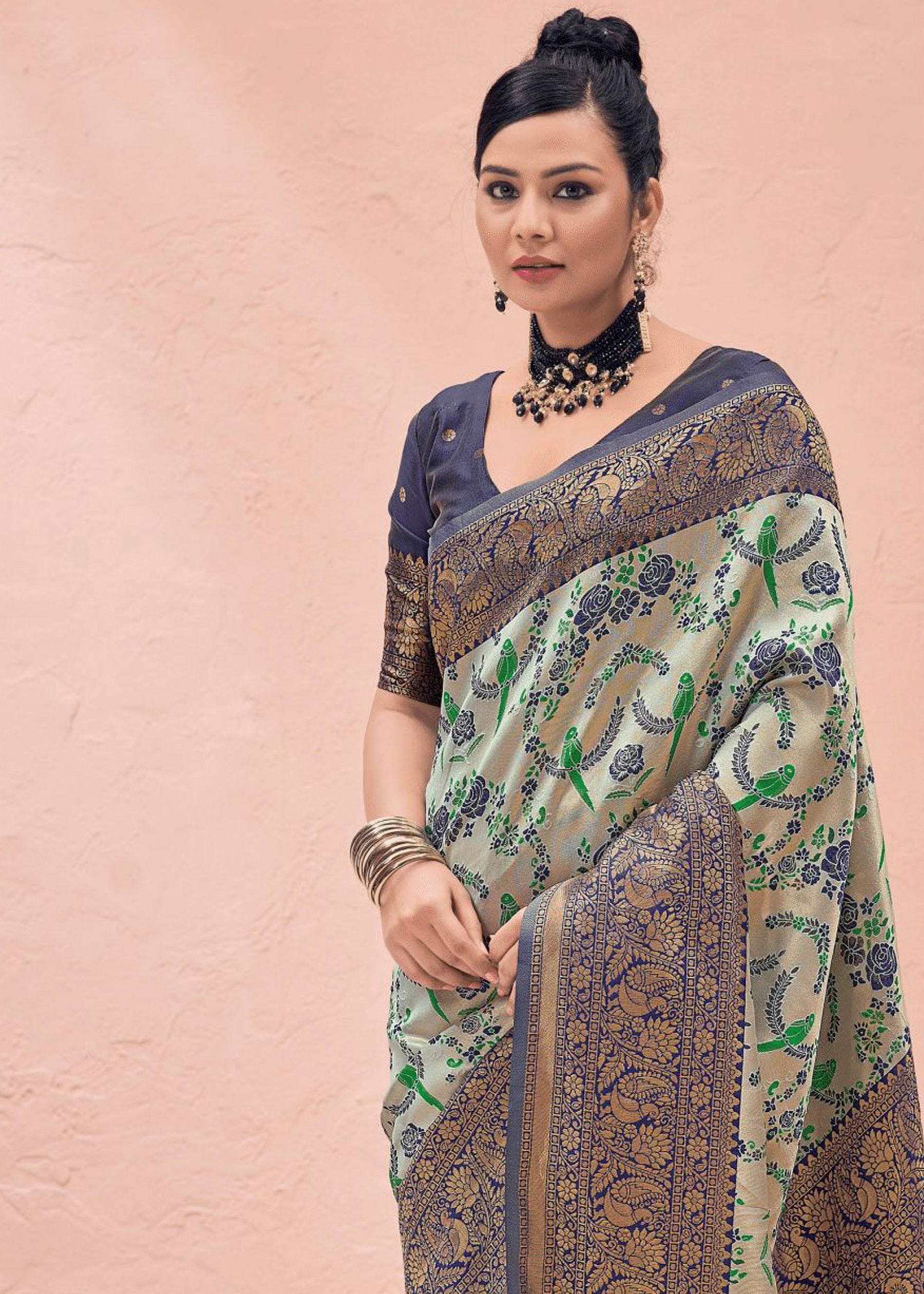 Kanchipuram Ethnic Motifs Silver Blue Pure Kanjivaram Silk Saree