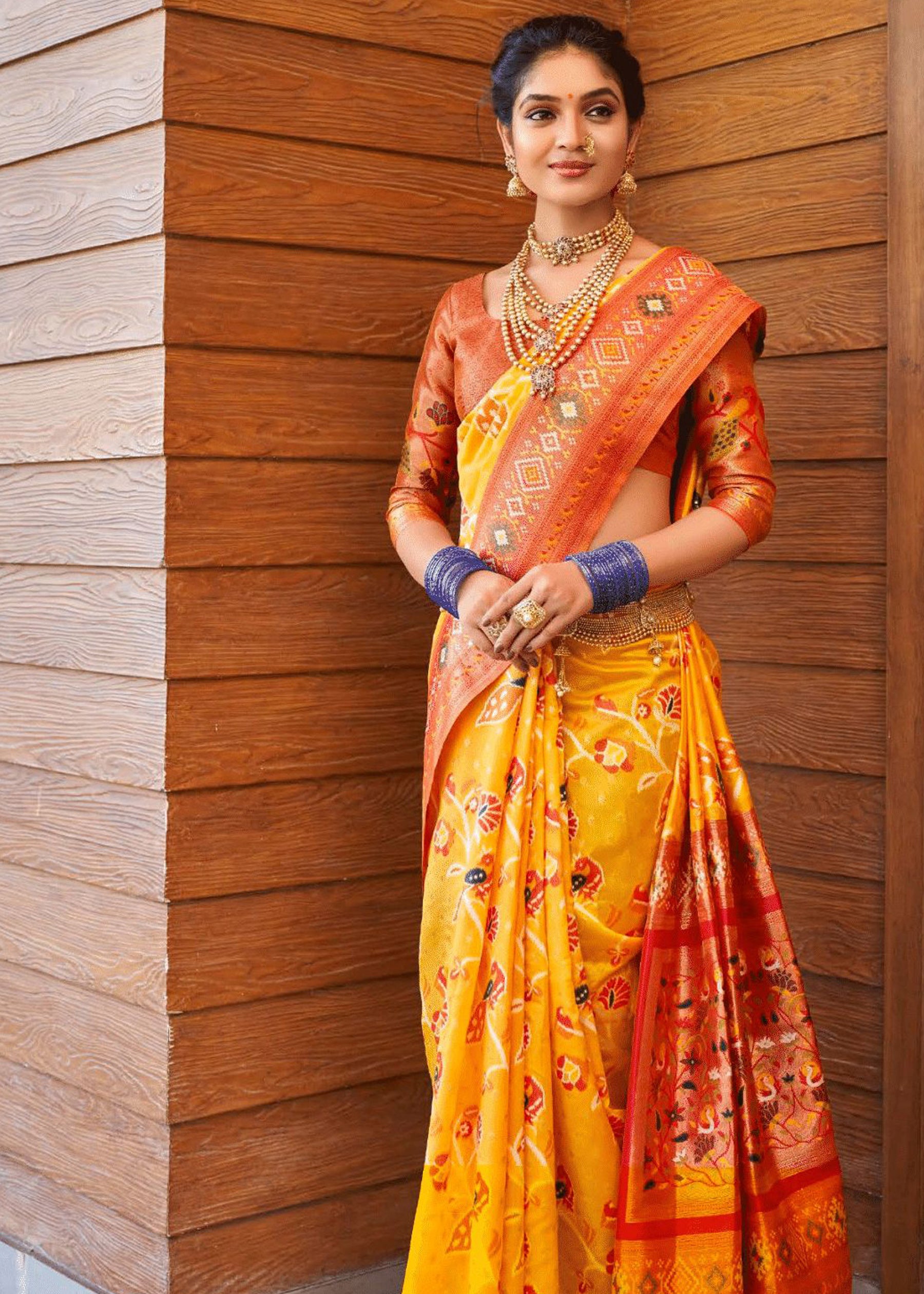 Kanchipuram Silk Checks And Butta Dual Tone Pink And Orange Saree |  Kankatala