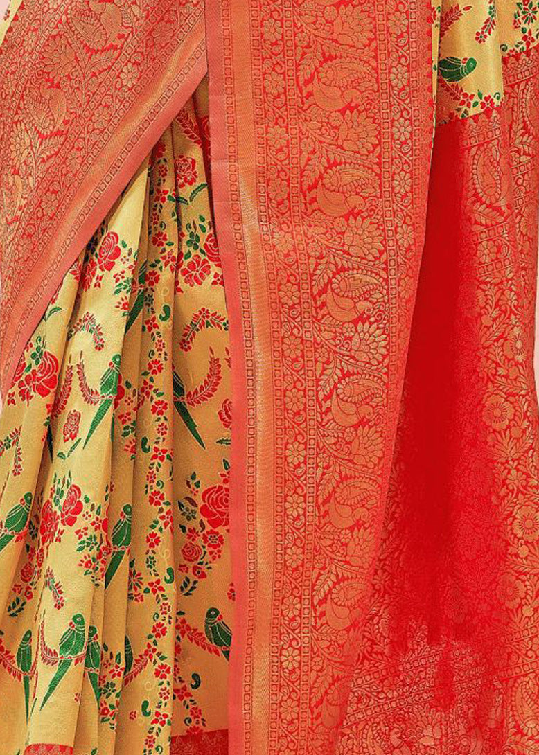 Kanchipuram Ethnic Motifs Yellow Red Pure Kanjivaram Silk Saree