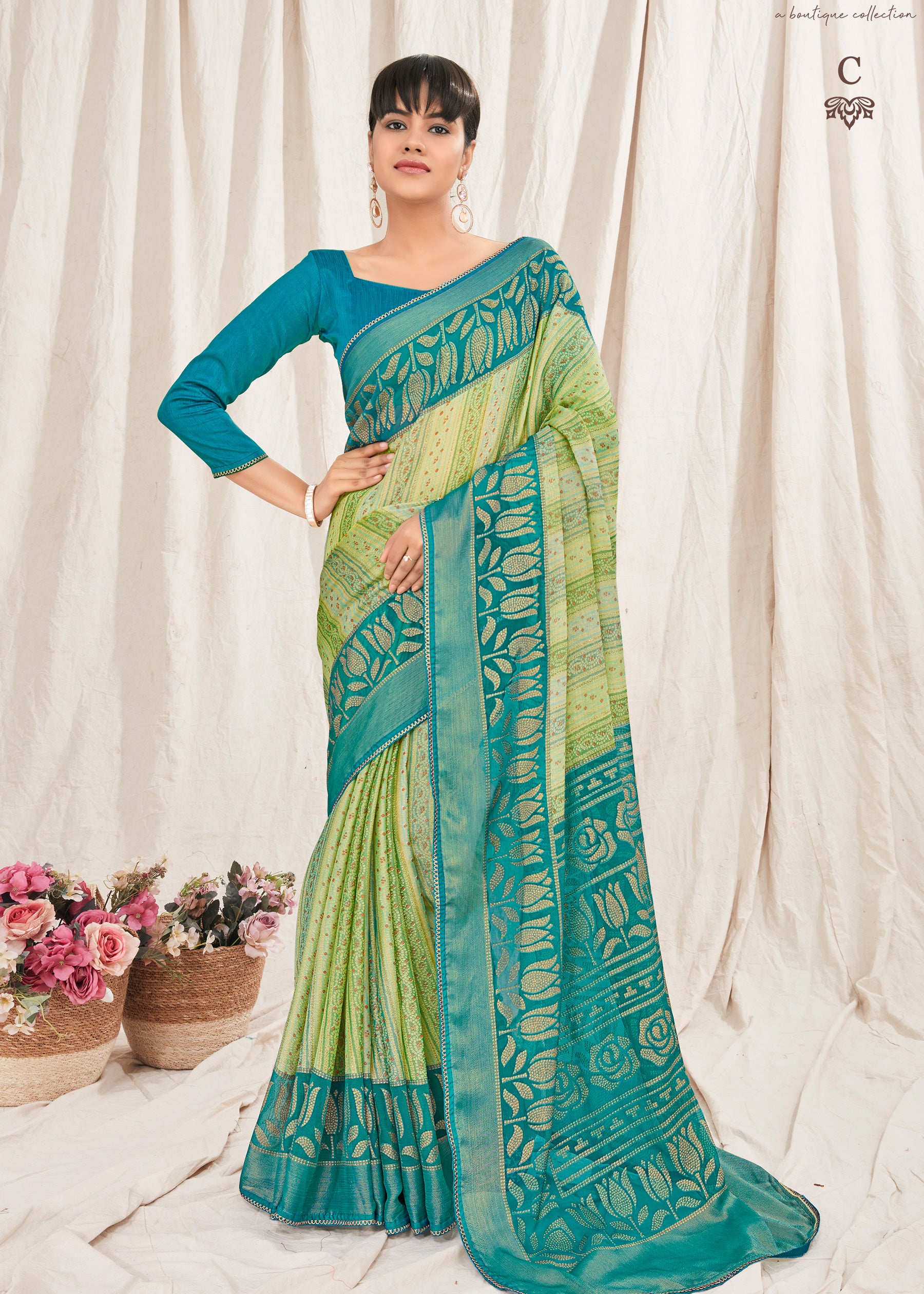 Bandhani Bandhej Printed Blue Green Soft Marble Chiffon Saree – SHANGRILA  DESIGNER