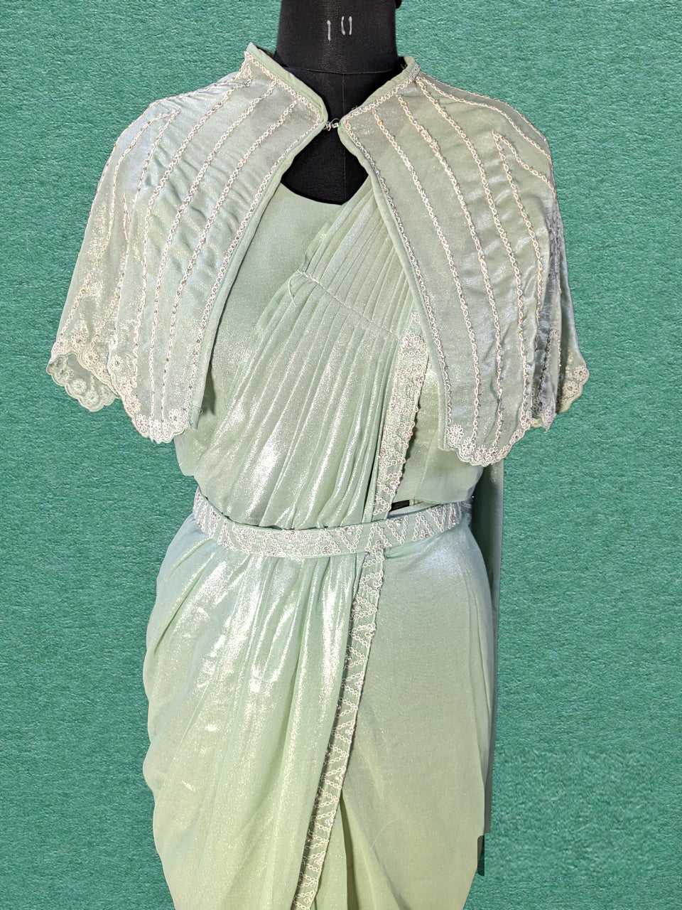 Designer Silver Marble Georgette Green Ready To Wear Saree