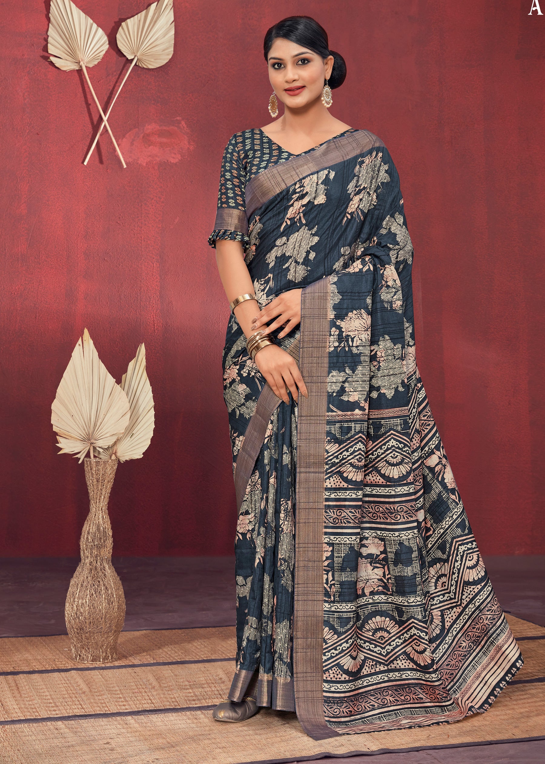 Pure Handloom Weave Block Prints Brown Gotha Silk Saree