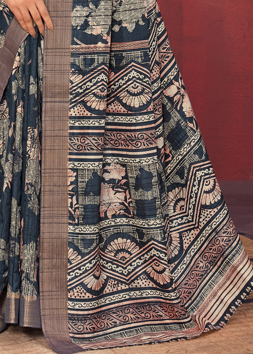 Pure Handloom Weave Block Prints Brown Gotha Silk Saree