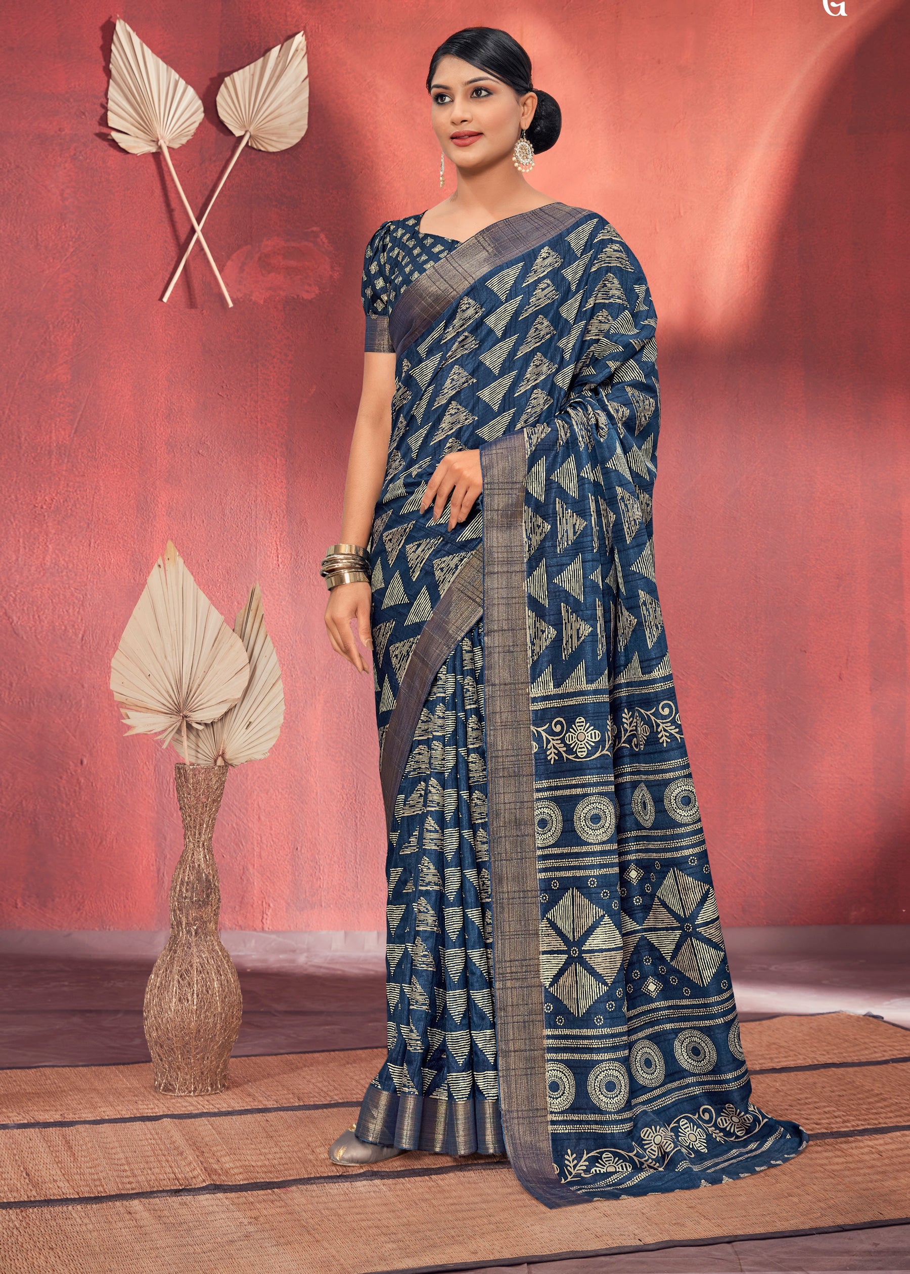 Pure Handloom Weave Blcok Prints Blue Gotha Silk Saree
