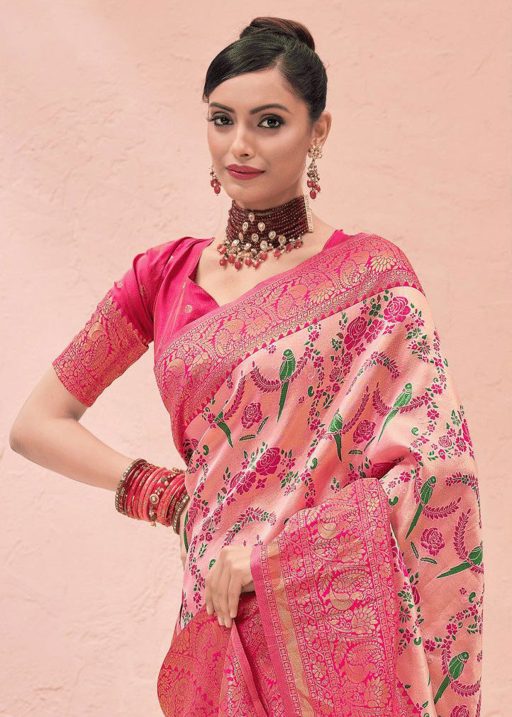 Kanchipuram Ethnic Motifs Pink Pure Kanjivaram Silk Saree
