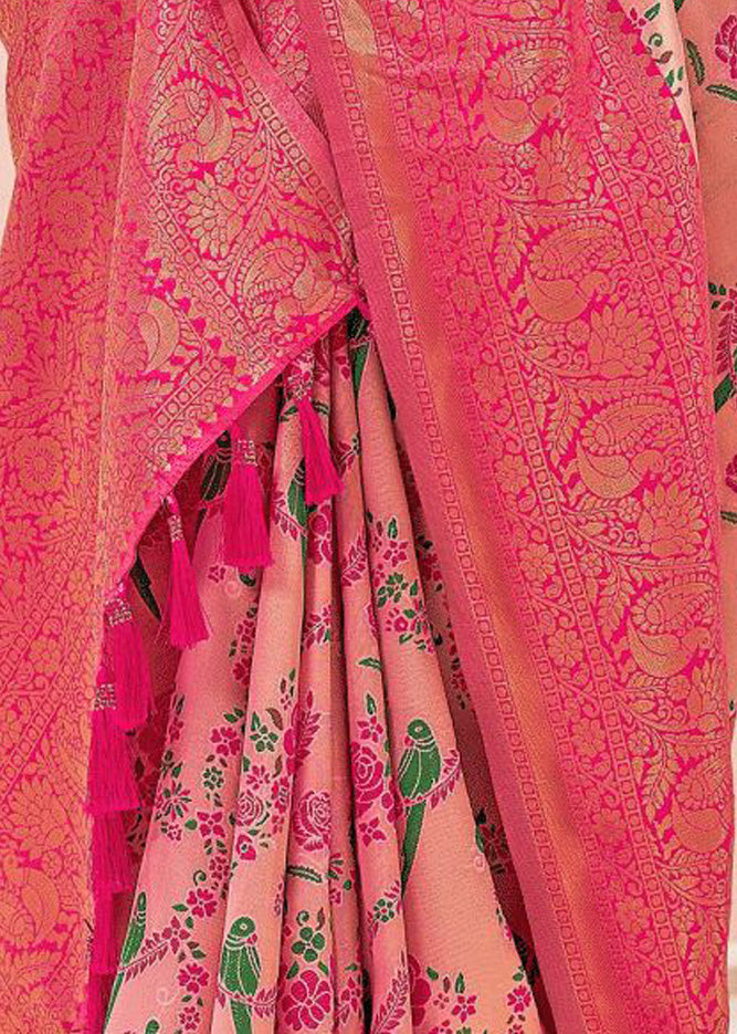 Kanchipuram Ethnic Motifs Pink Pure Kanjivaram Silk Saree