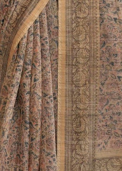 Ajrakh Kalamkari Prints Silver Beige Pure Chanderi Linen Saree