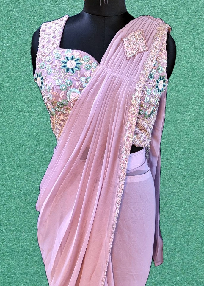 Designer Silver Marble Georgette Pink Ready To Wear Saree
