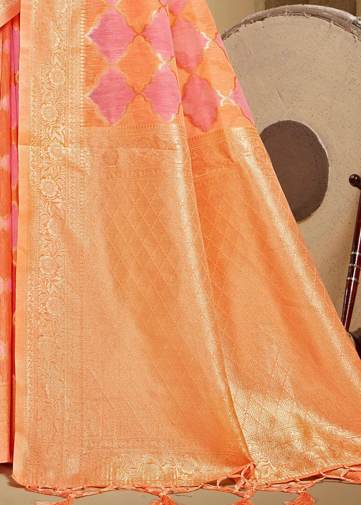 Geometric Woven Orange Pink Rangkart Silk Saree