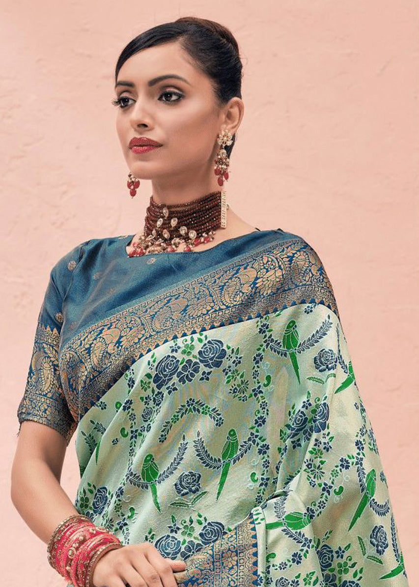Kanchipuram Ethnic Motifs Metalic Blue Pure Kanjivaram Silk Saree