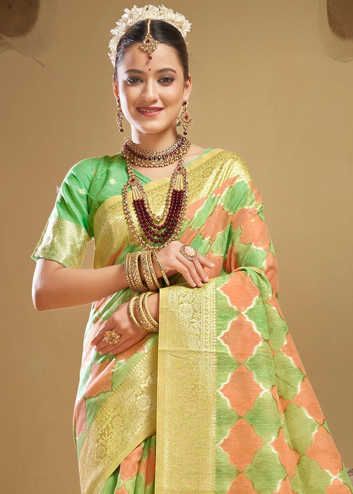 Geometric Woven Green Brown Rangkart Silk Saree