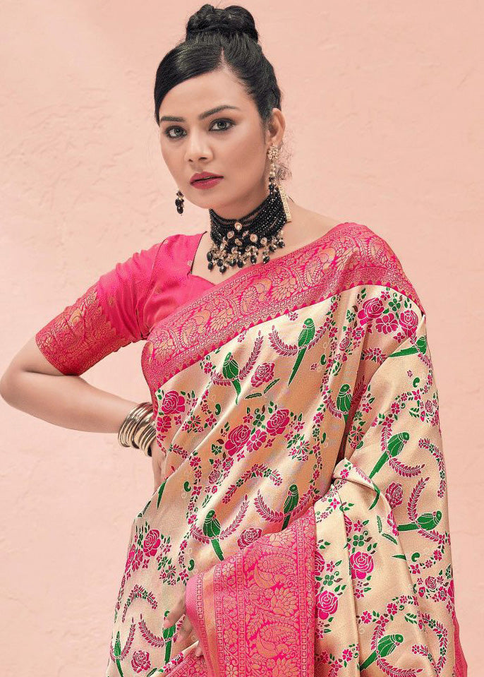 Kanchipuram Ethnic Motifs Pink Gold Pure Kanjivaram Silk Saree