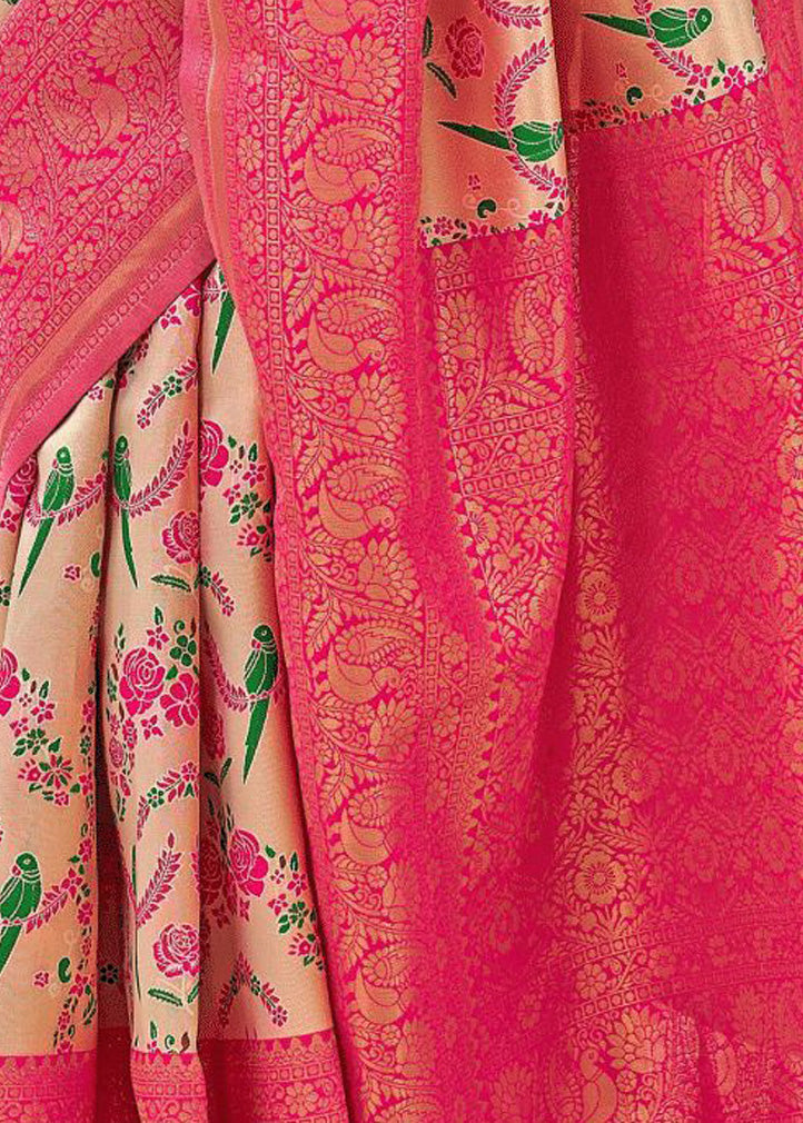 Kanchipuram Ethnic Motifs Pink Gold Pure Kanjivaram Silk Saree
