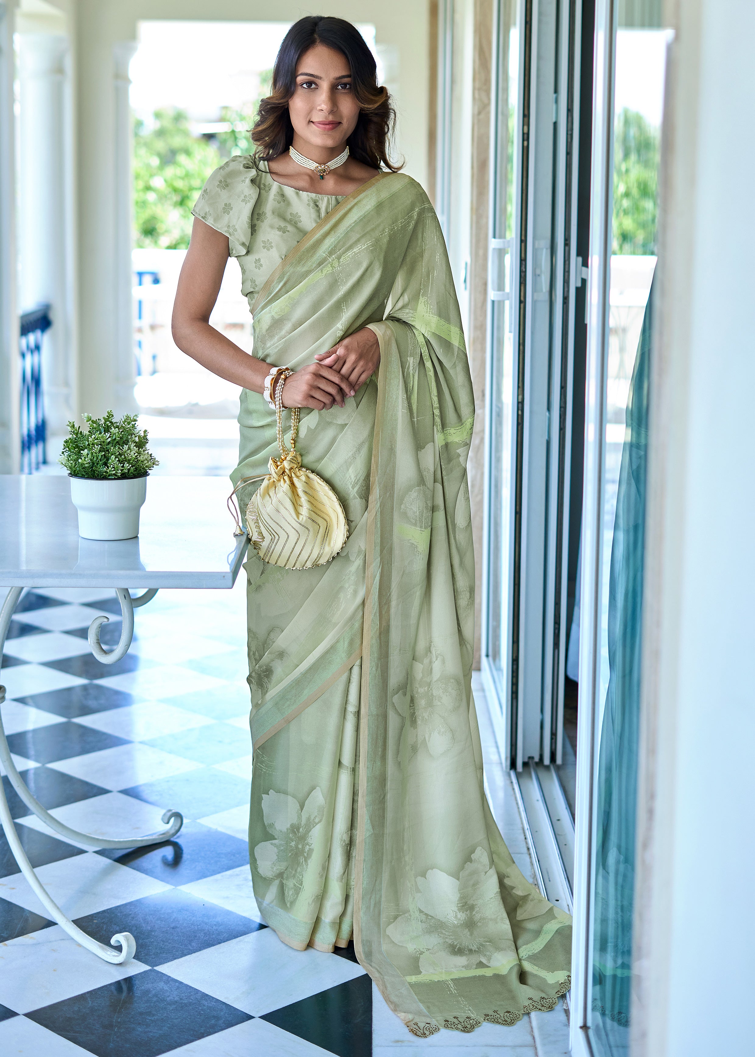 Abstract Digital Printed Light Green Weightless Georgette Saree