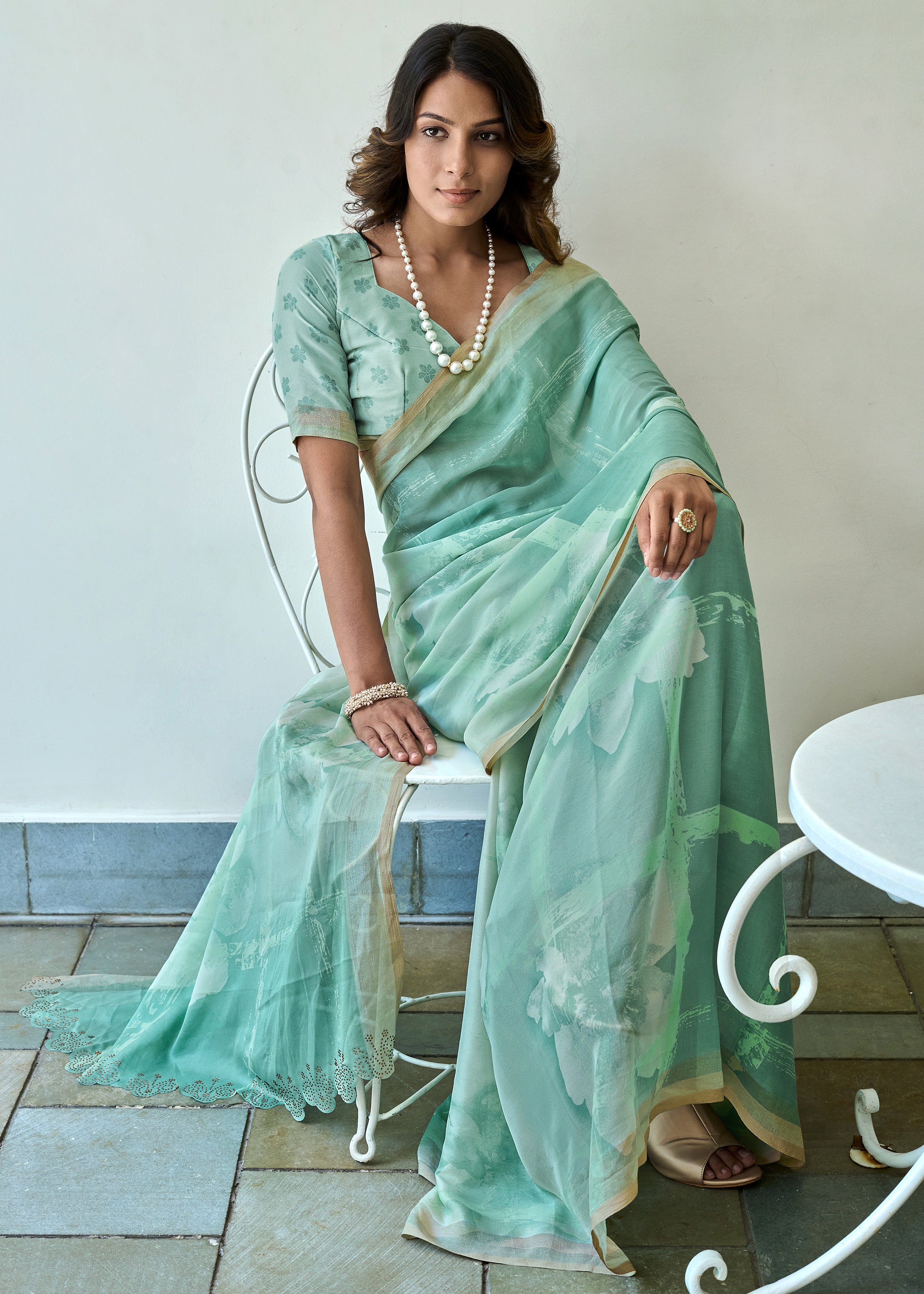 Abstract Digital Printed Sea Green Weightless Georgette Saree