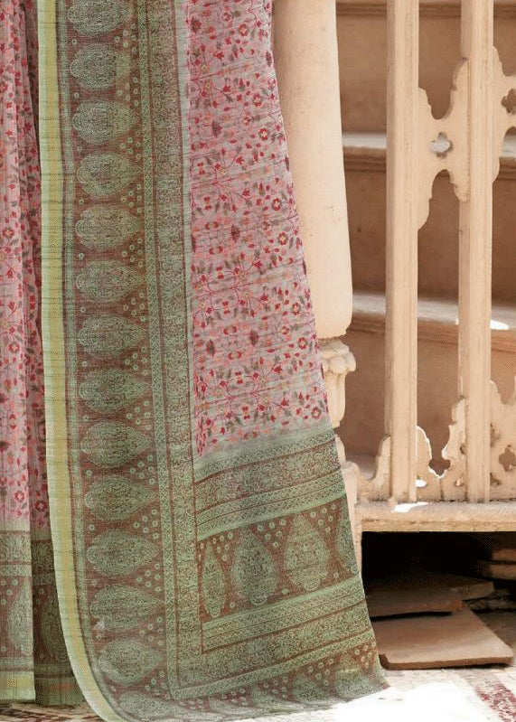 Ajrakh Kalamkari Prints Pink Green Pure Chanderi Linen Saree