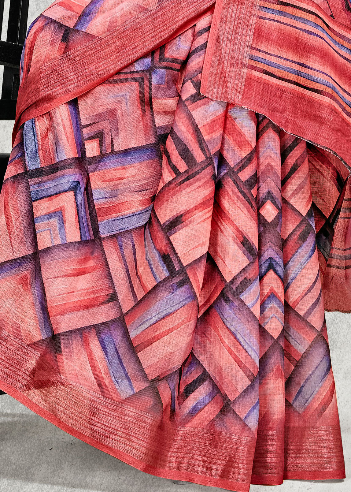 Digital Geometric Printed Pink Linen Cotton Saree