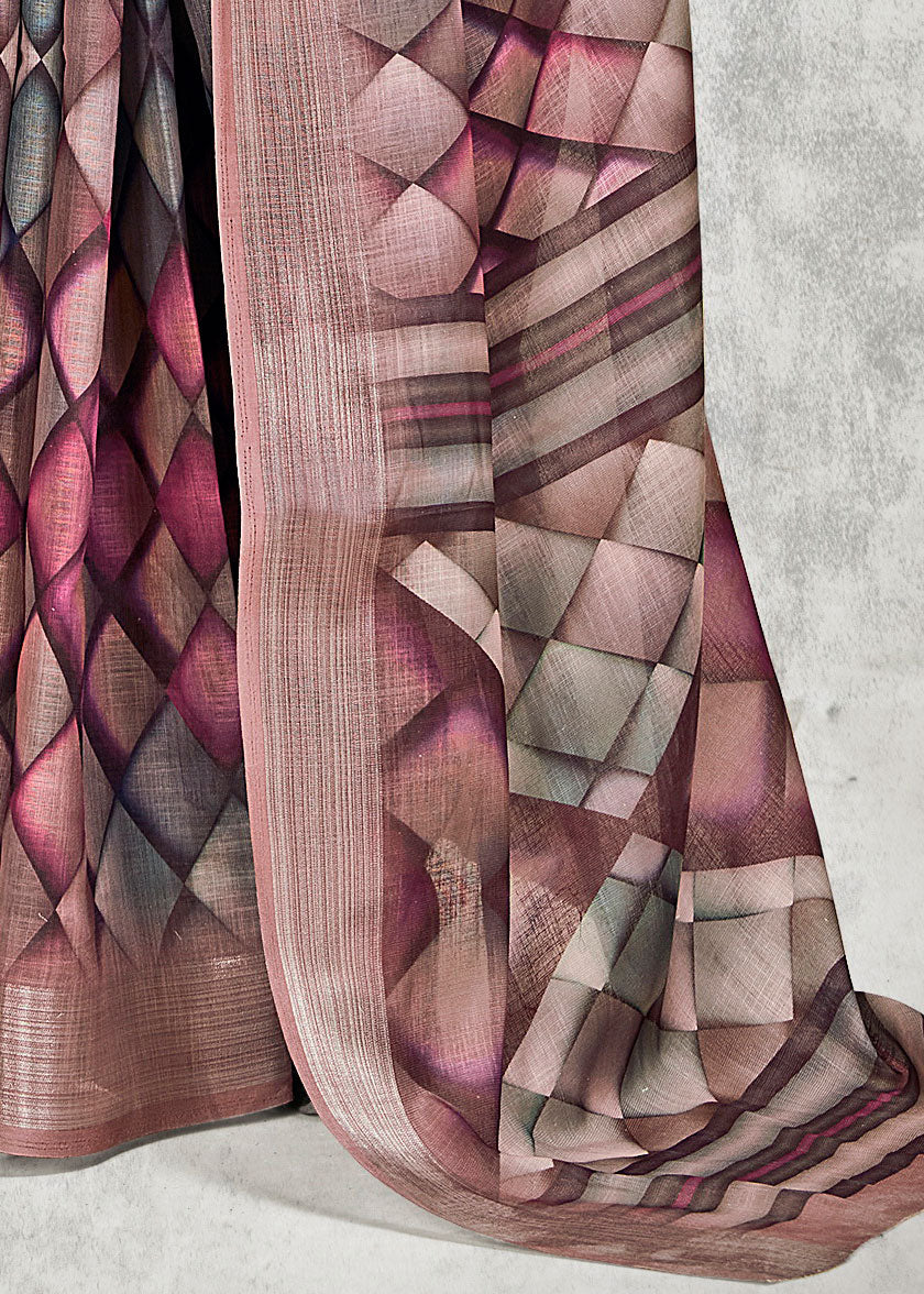Digital Geometric Printed Purple Linen Cotton Saree