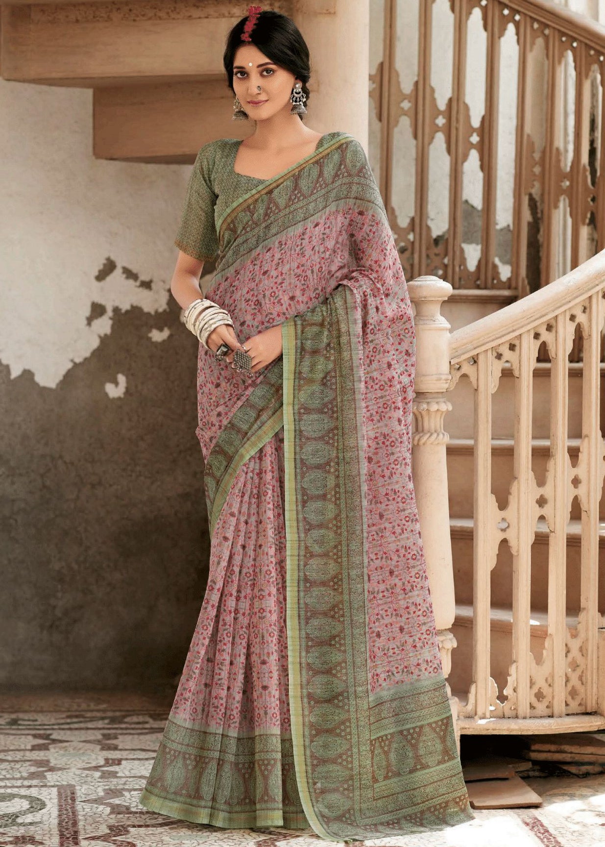 Ajrakh Kalamkari Prints Pink Green Pure Chanderi Linen Saree