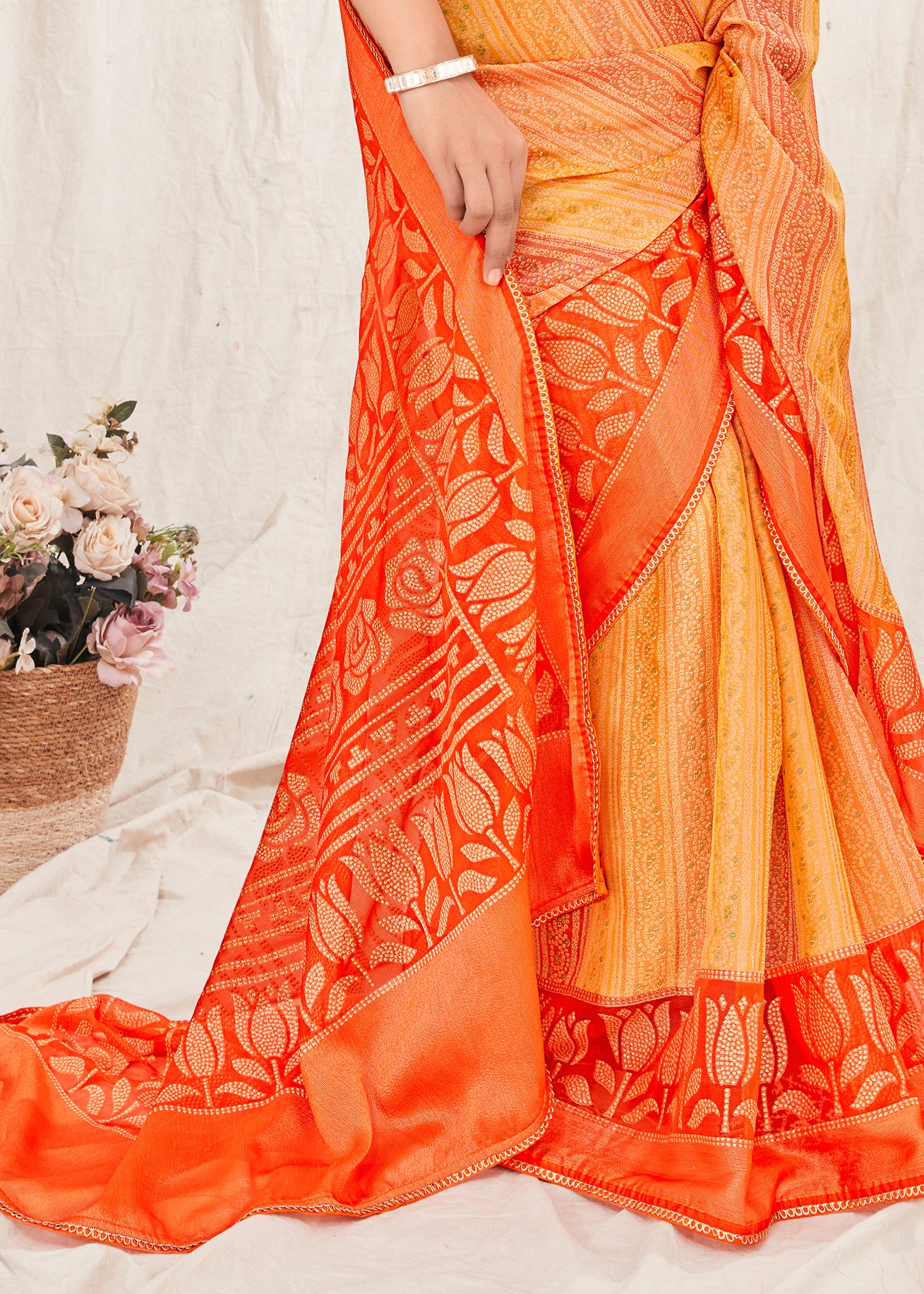 Bandhani Bandhej Printed Orange Yellow Soft Marble Chiffon Saree