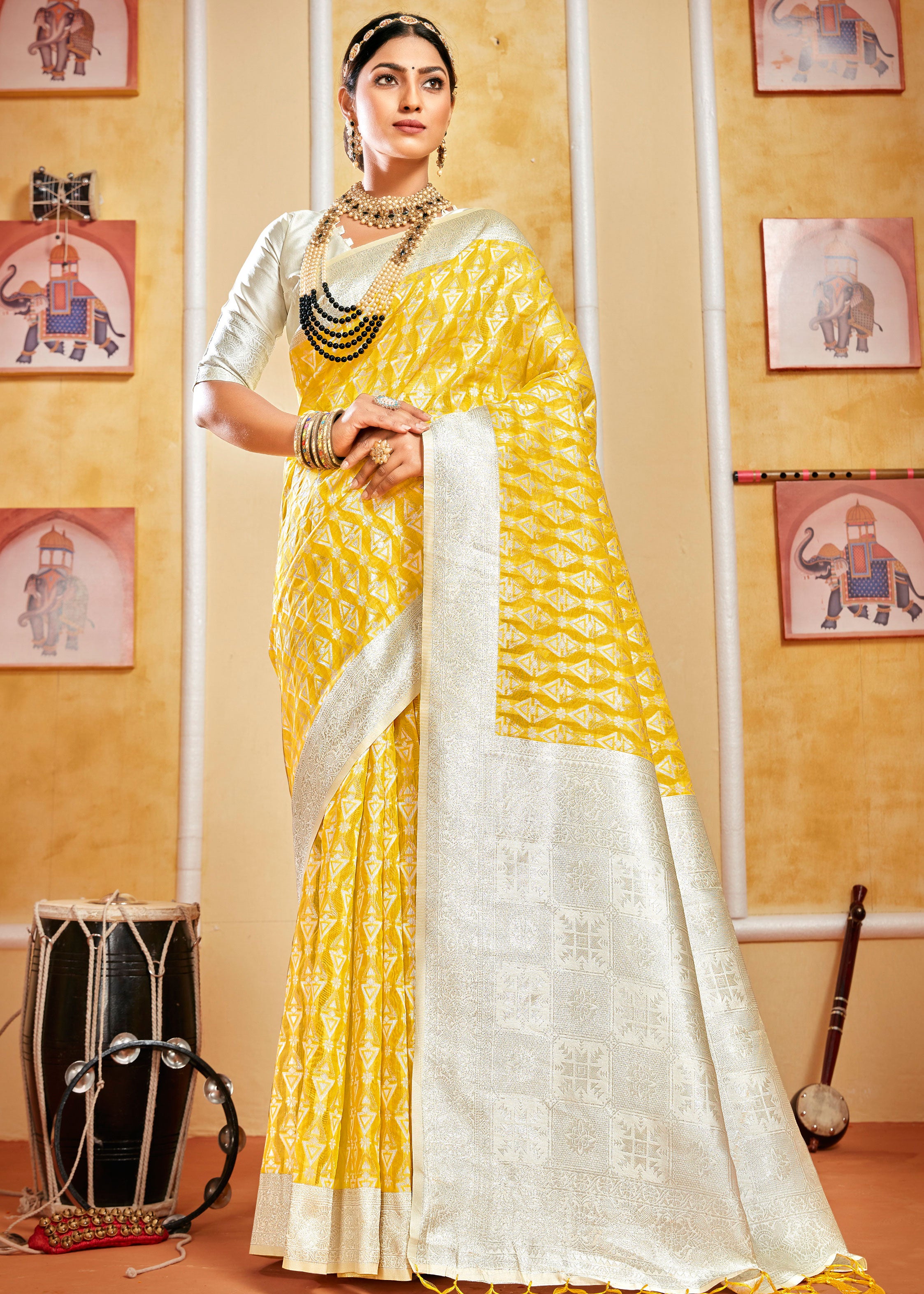 Lucknowi Chikankari Woven Pure Cotton Yellow Saree