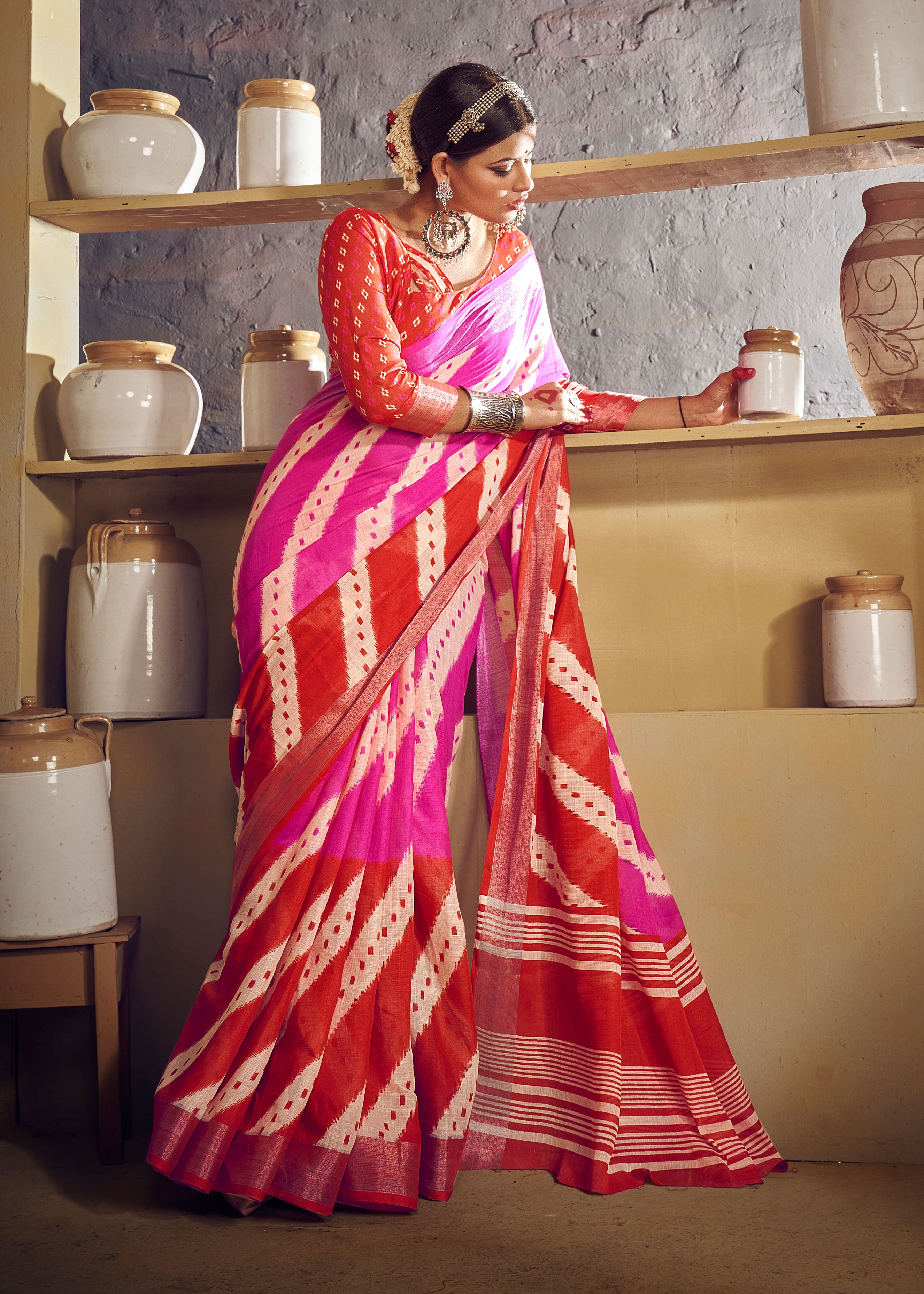 Red Pink Leheriya Printed Zari Border Linen Cotton Saree