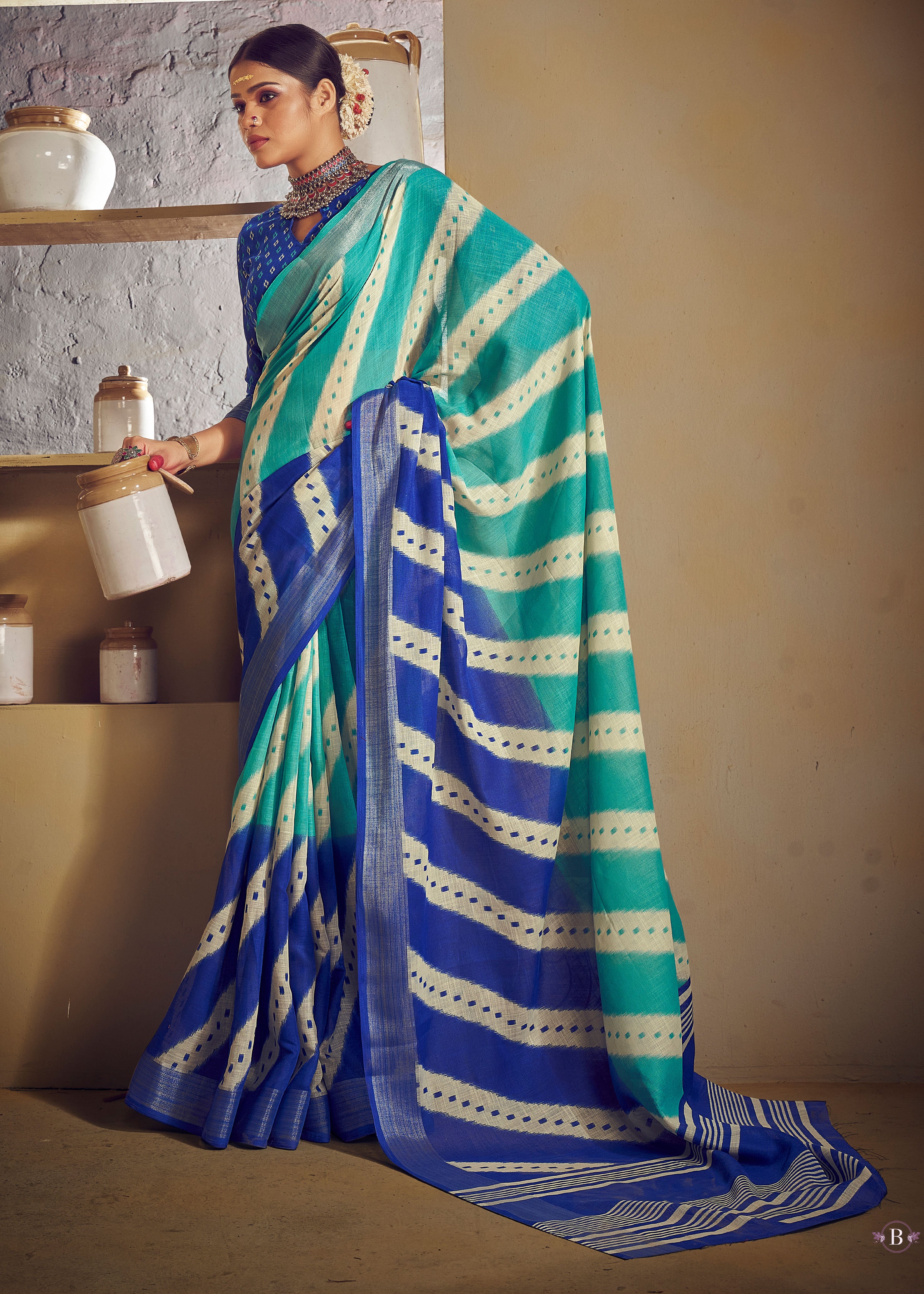 Blue Leheriya Printed Zari Border Linen Cotton Saree