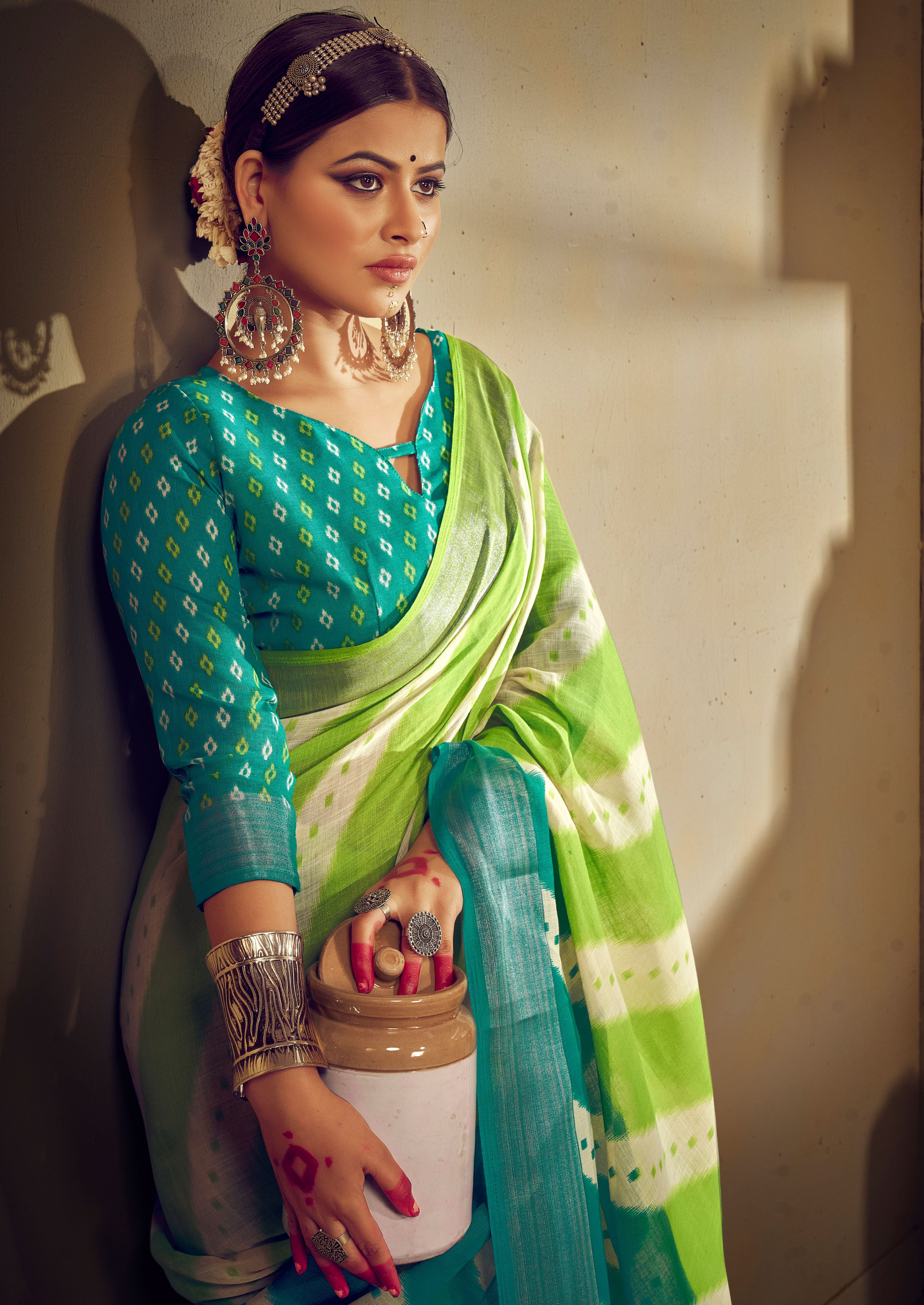 Light Green Leheriya Printed Zari Border Linen Cotton Saree