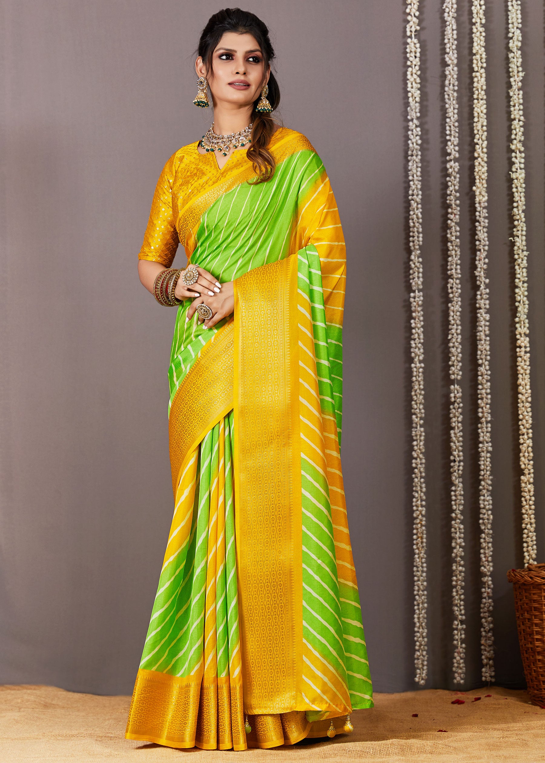 Leheriya Printed Bright Green Soft Dola Silk Saree
