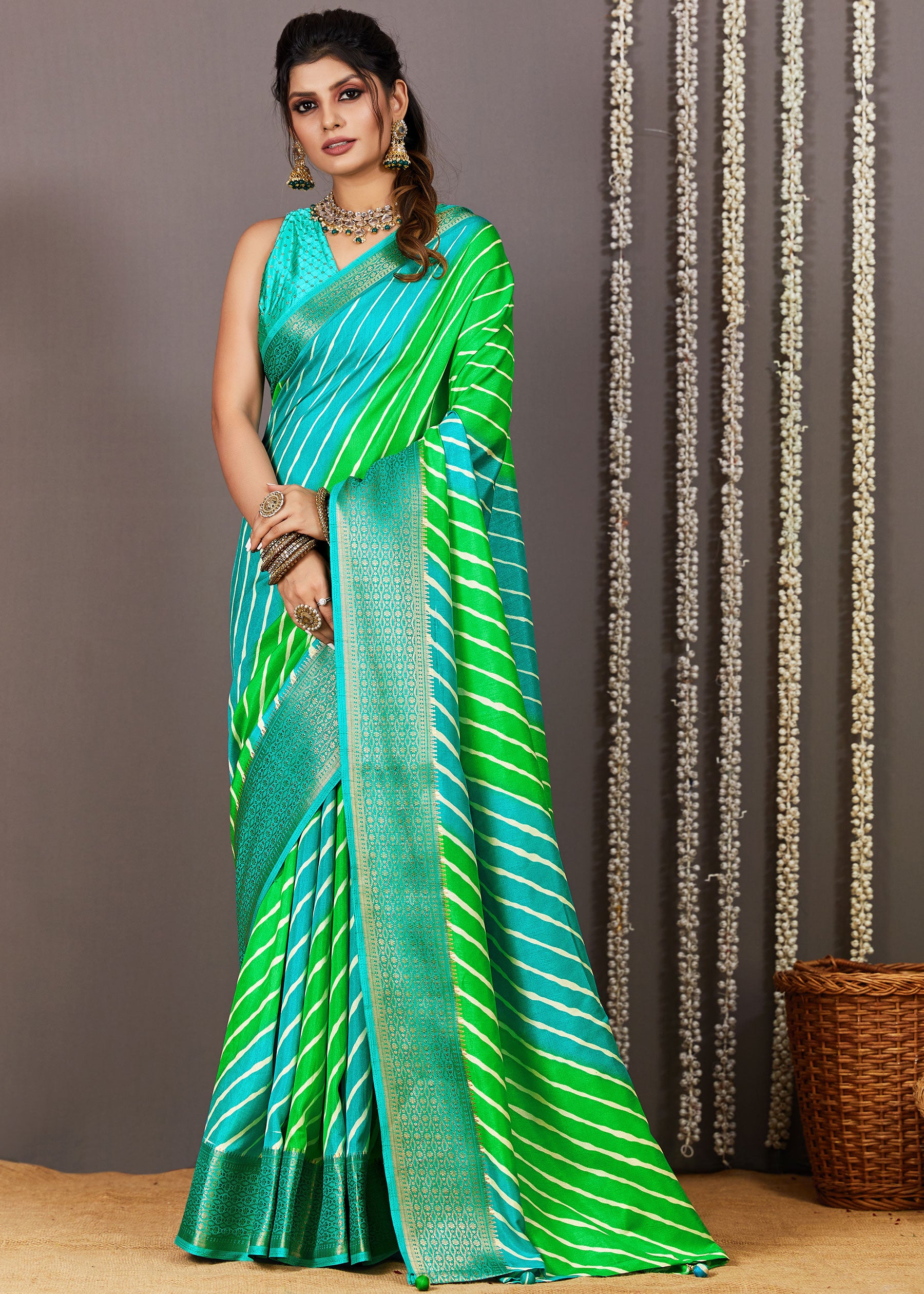 Leheriya Printed Green Blue Soft Dola Silk Saree