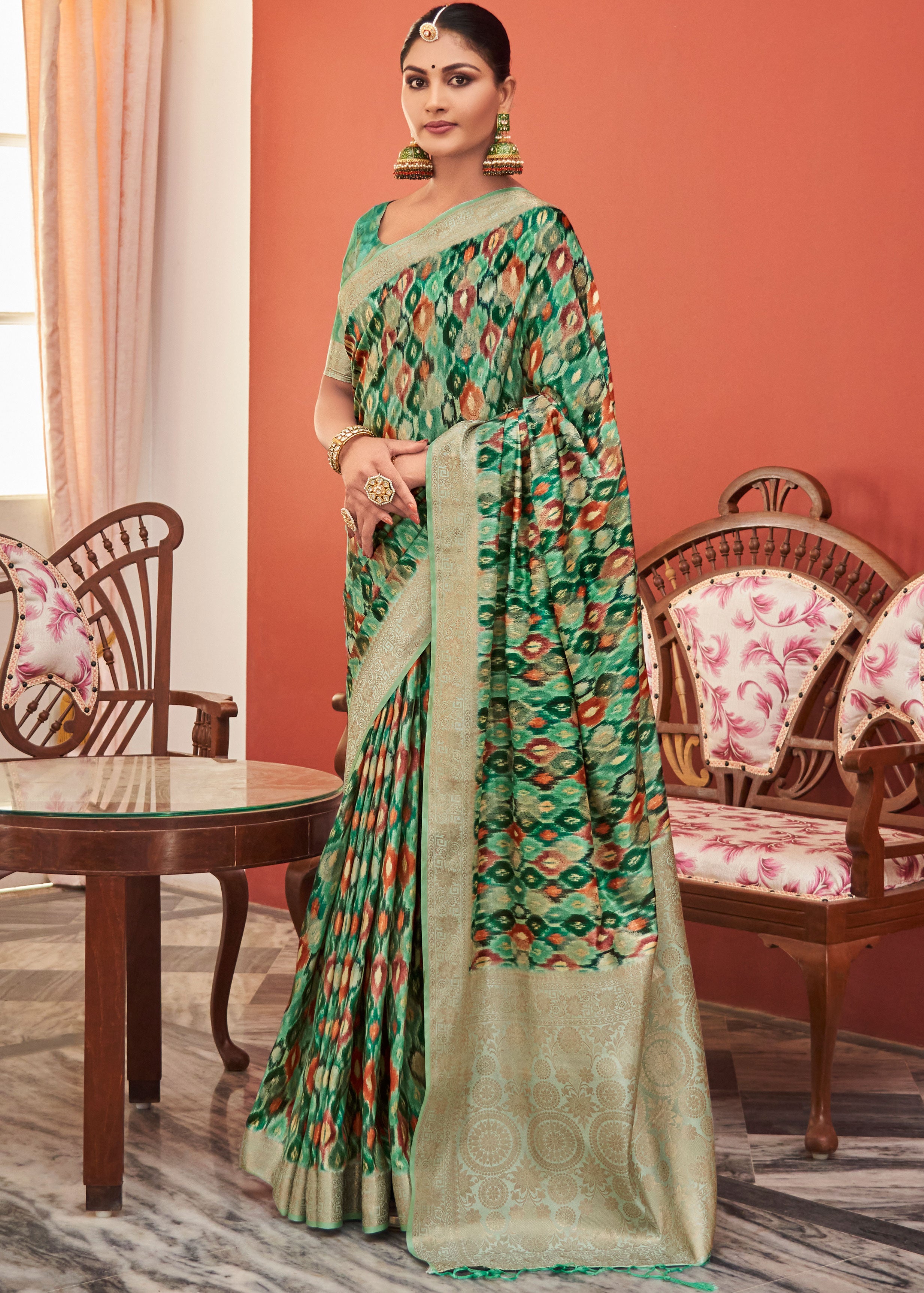 Digital Bagru Printed Green Cotton Silk Saree