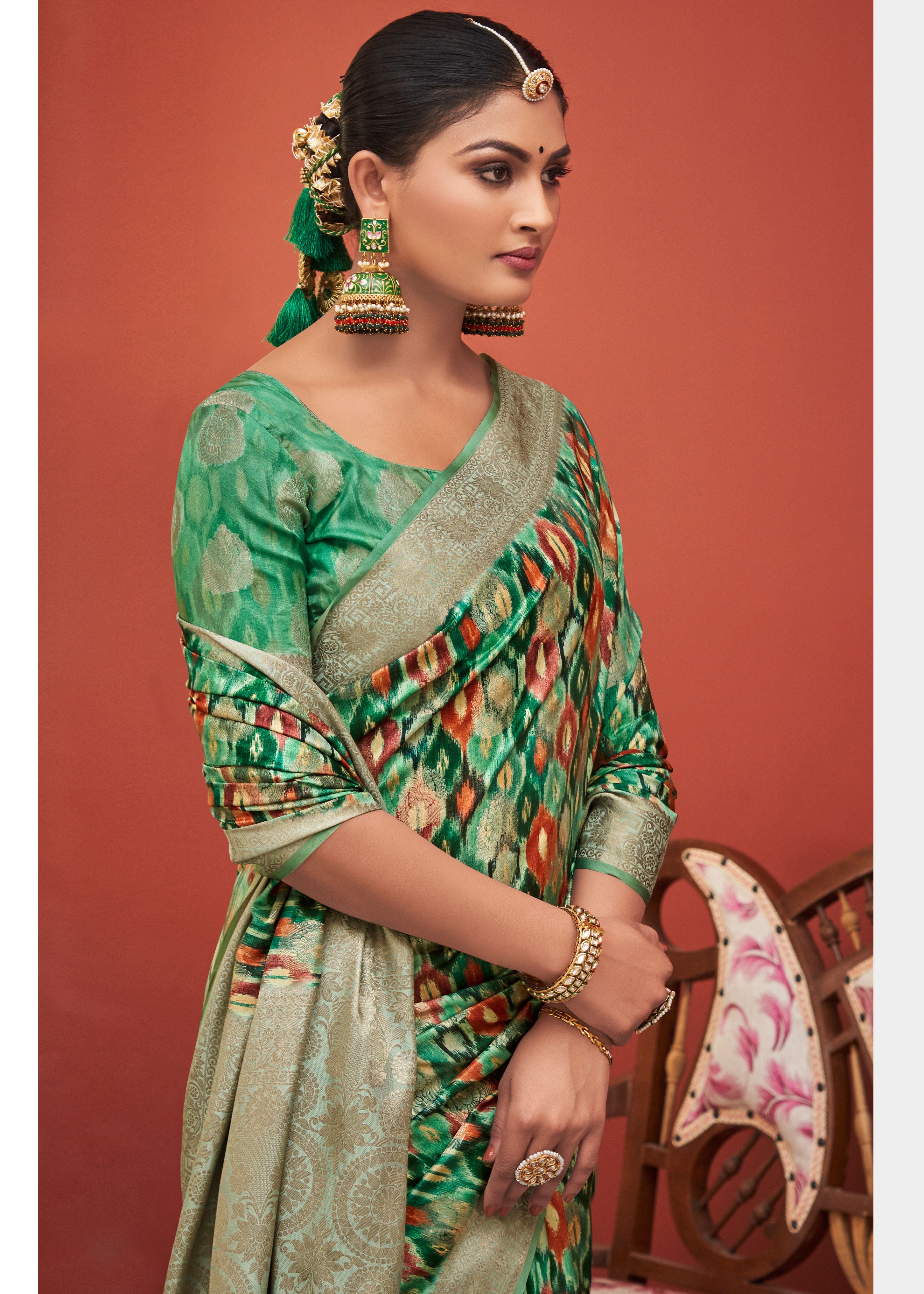 Digital Bagru Printed Green Cotton Silk Saree