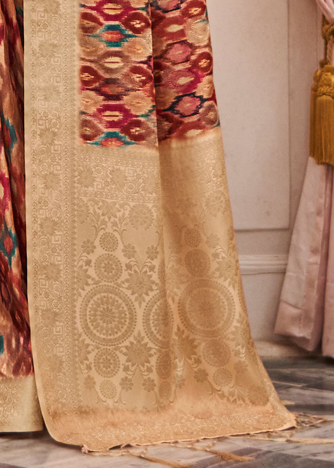 Digital Bagru Printed Brown Cotton Silk Saree